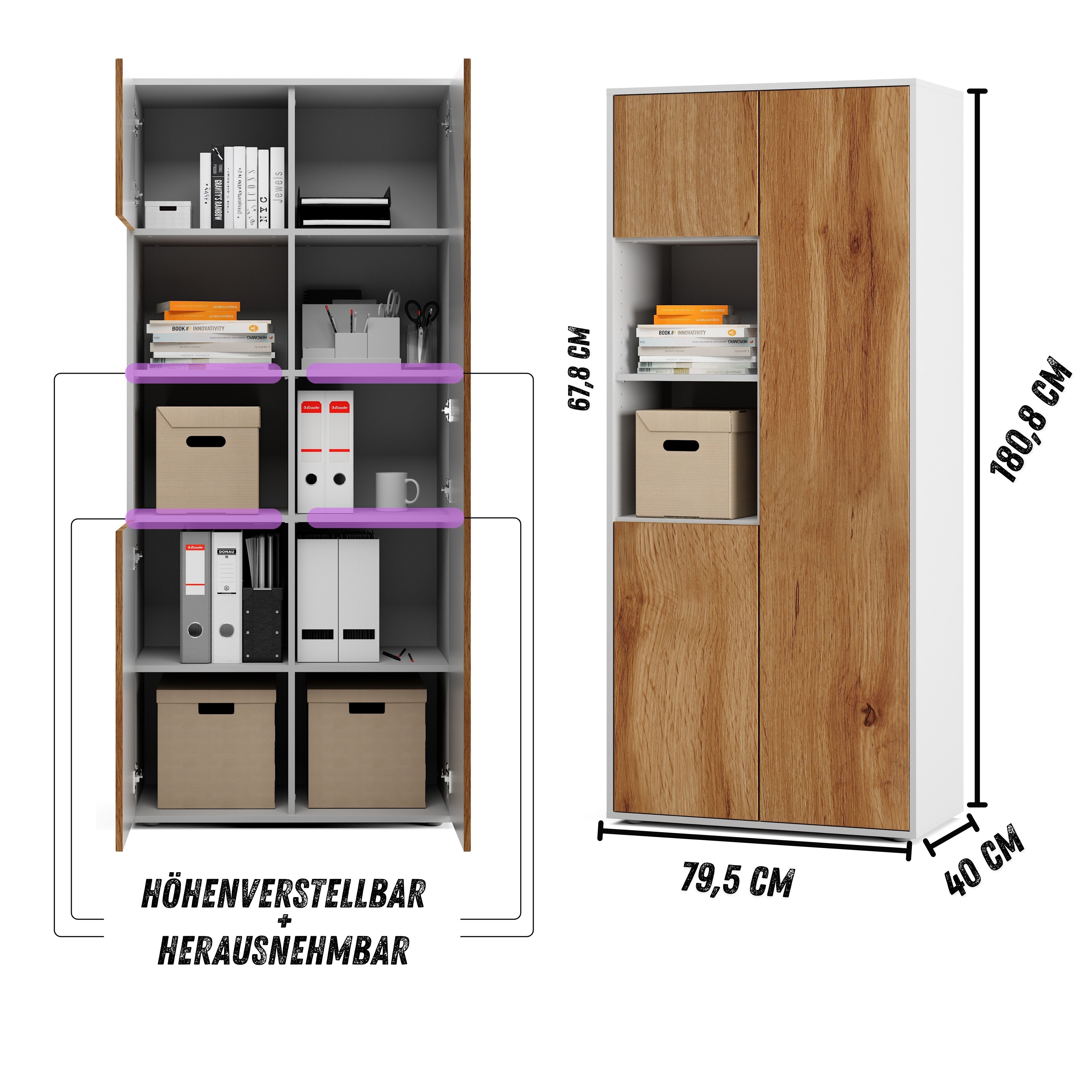 Büroschrank Amira T20 | mit 2 offenen Fächern | Aktenschrank & Mehrzweckschrank in Korpus Weiß & Front Eiche Wotan | Push-to-Open | 180x80x40 cm