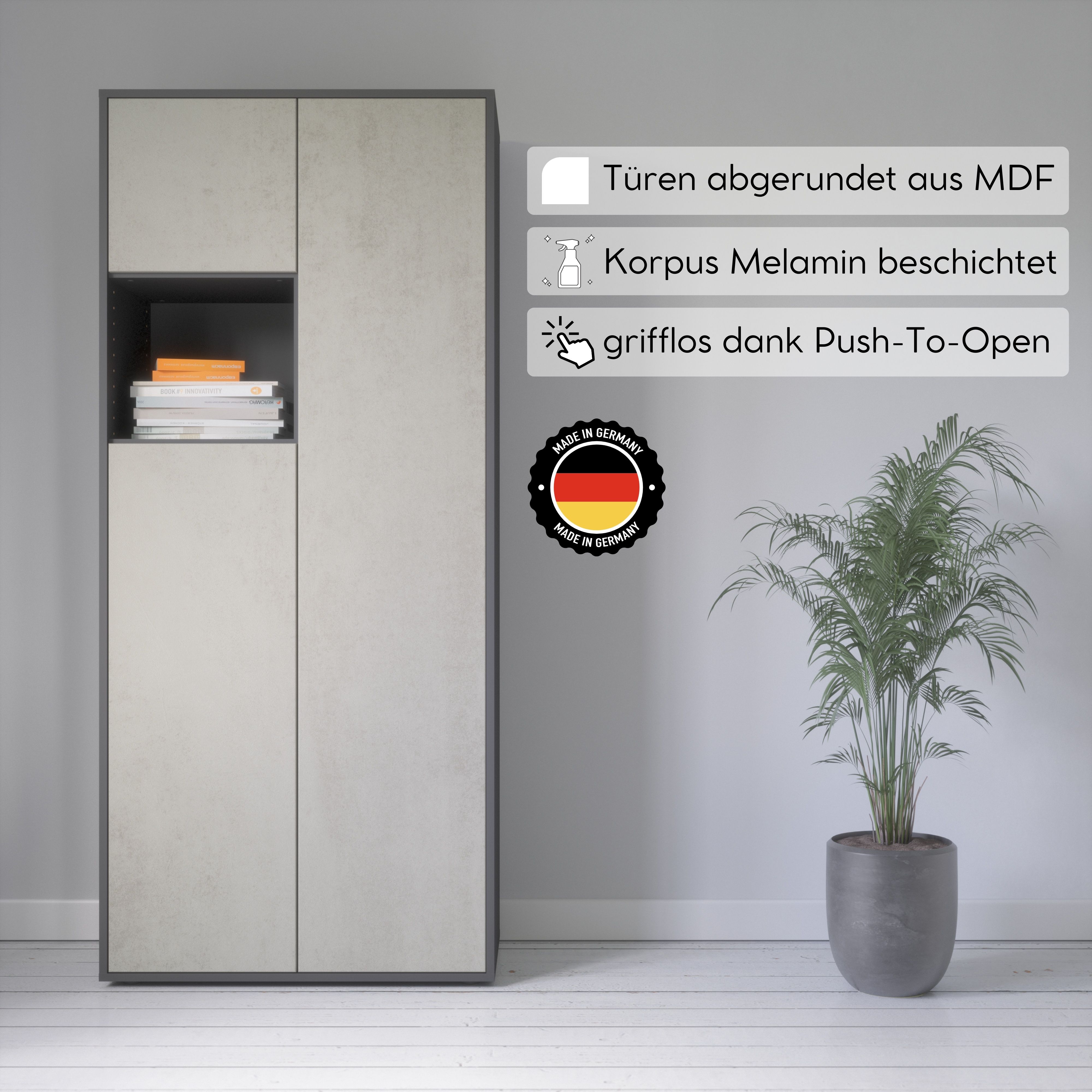 Büroschrank Amira T10, Schrank mit kleinem offenem Fach, Anthrazit , Push-to-Open, 180x80x40 cm, Büroschrank mit Ablage für Deko