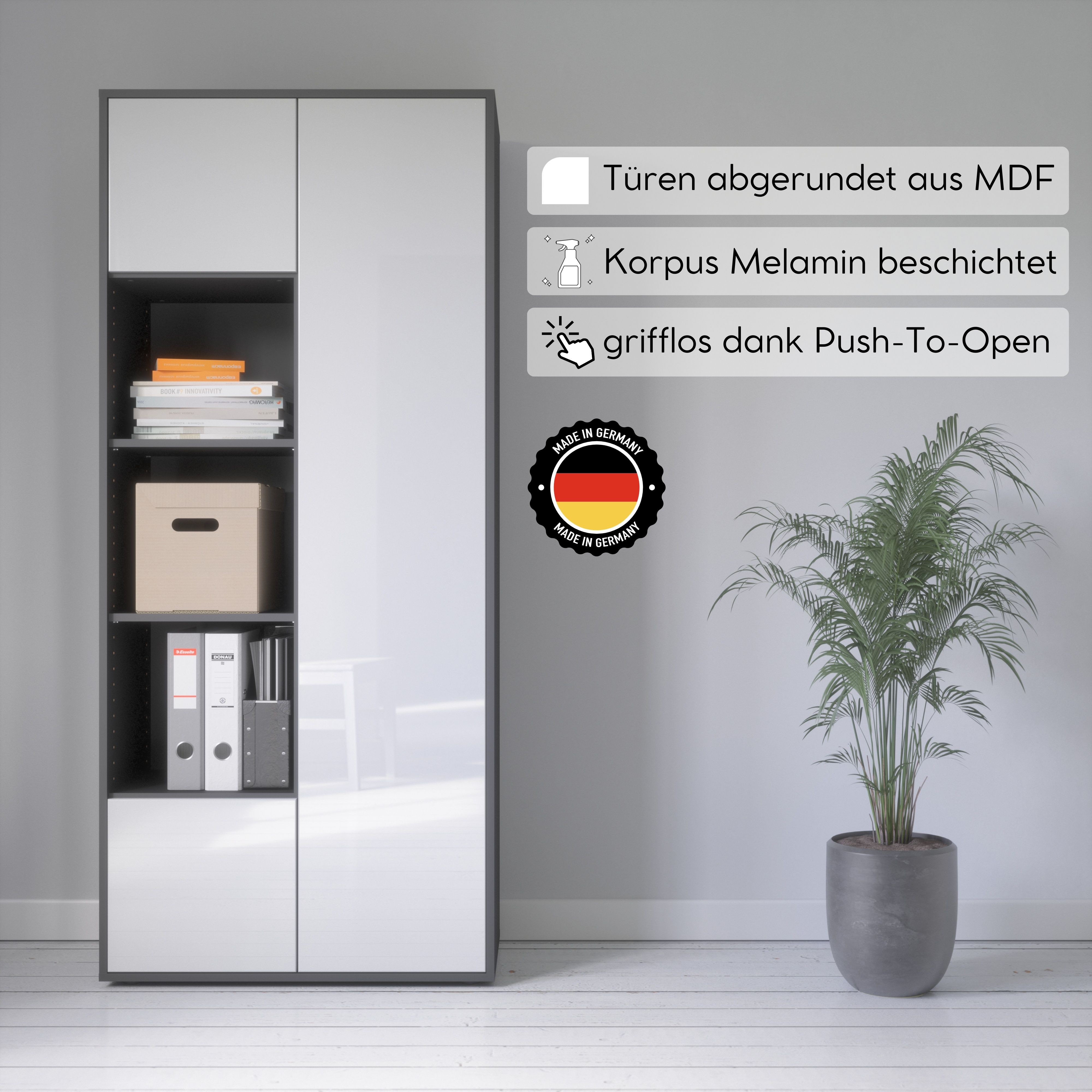 Büroschrank Amira T30, Schrank mit DREI offenen Fächern, Anthrazit Korpus, Fronten in Weiß Hochglanz, Push-to-Open, 180x80x40 cm, Moderner Schrank für Büro und Homeoffice