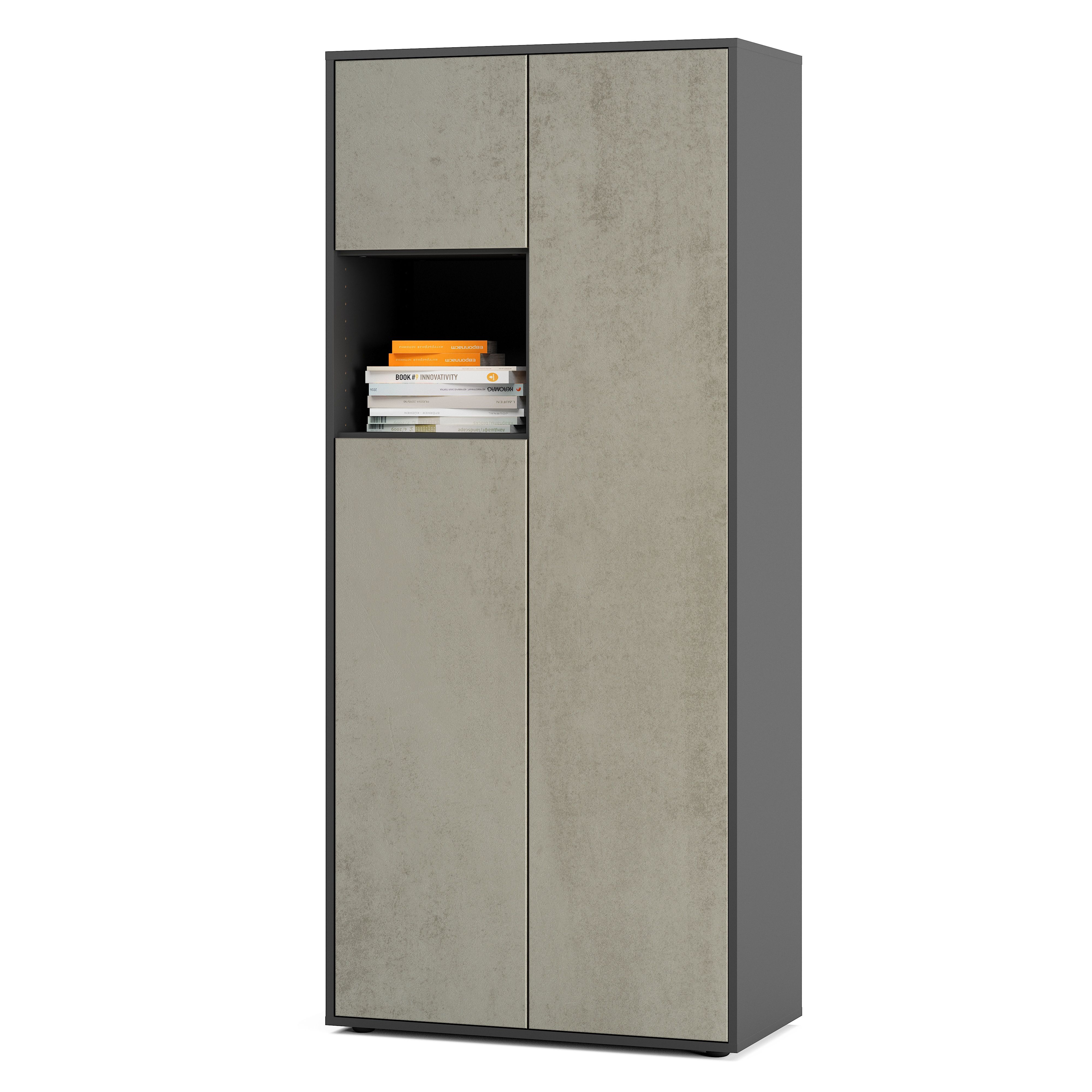 Büroschrank Amira T10, Schrank mit kleinem offenem Fach, Anthrazit , Push-to-Open, 180x80x40 cm, Büroschrank mit Ablage für Deko