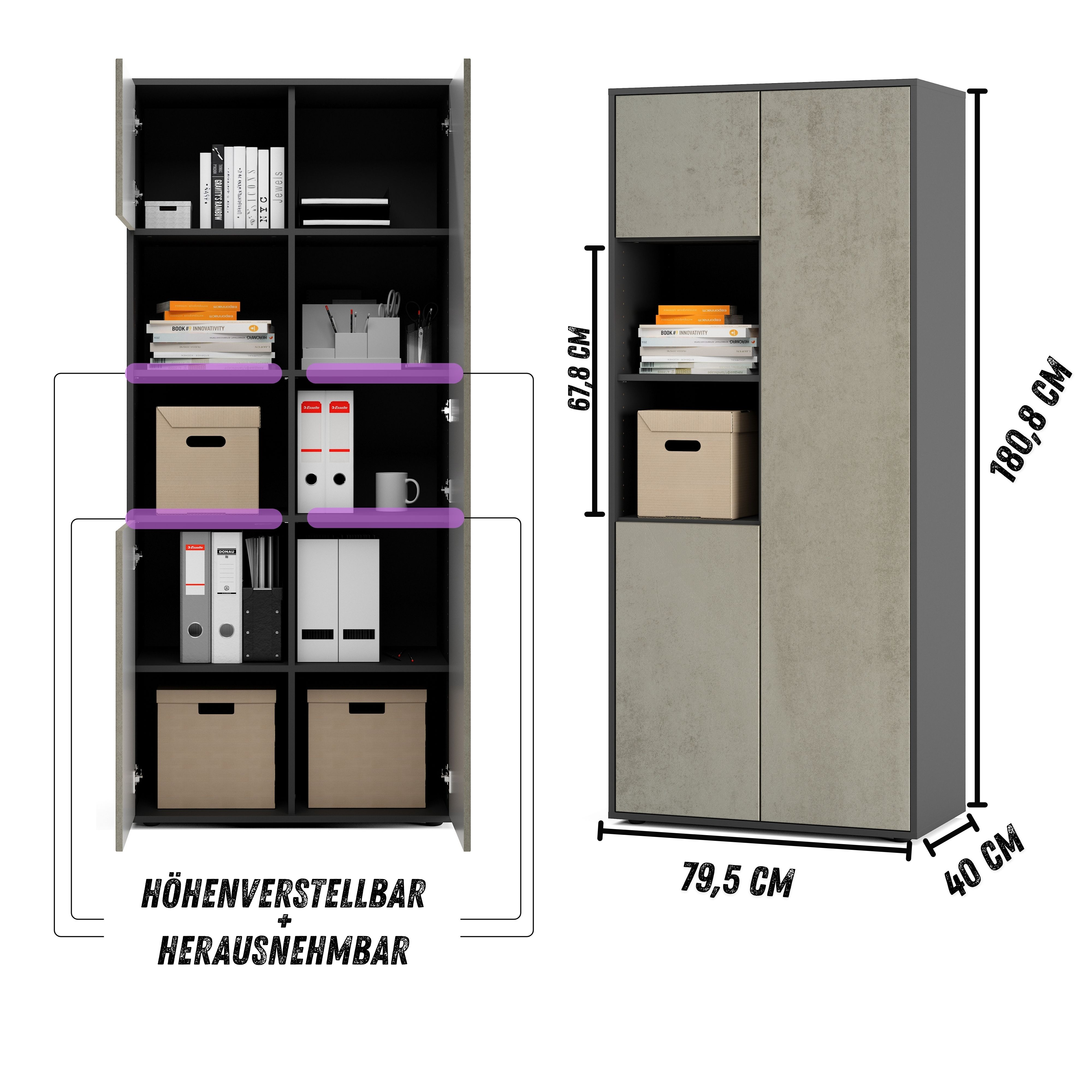 Büroschrank Amira T20, Schrank mit Zwei offenen Fächern, Anthrazit Korpus, Fronten in Beton Oxid , Push-to-Open, 180x80x40 cm, Büroschrank für Büro und Homeoffice