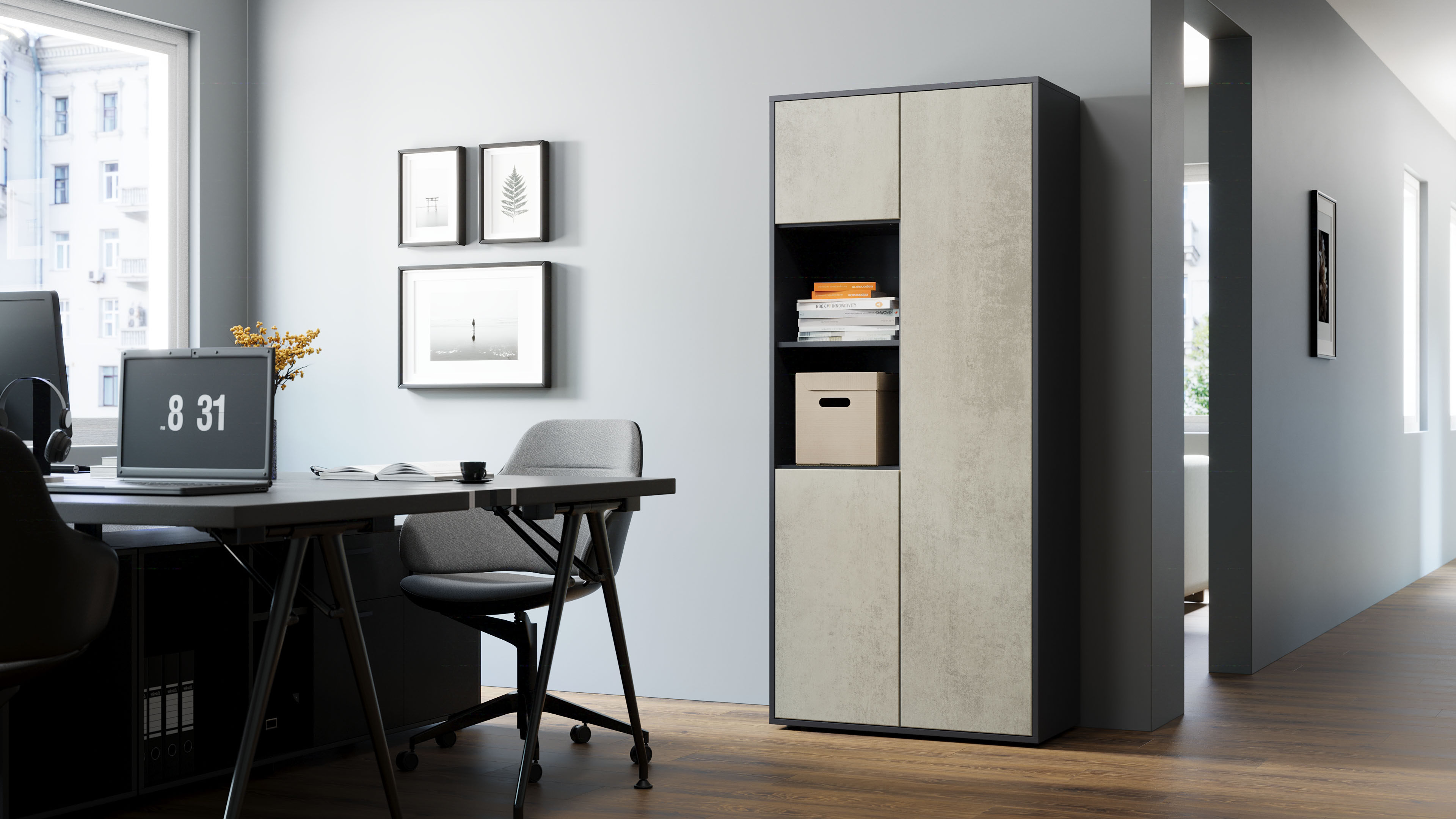 Büroschrank Amira T20, Schrank mit Zwei offenen Fächern, Anthrazit Korpus, Fronten in Beton Oxid , Push-to-Open, 180x80x40 cm, Büroschrank für Büro und Homeoffice