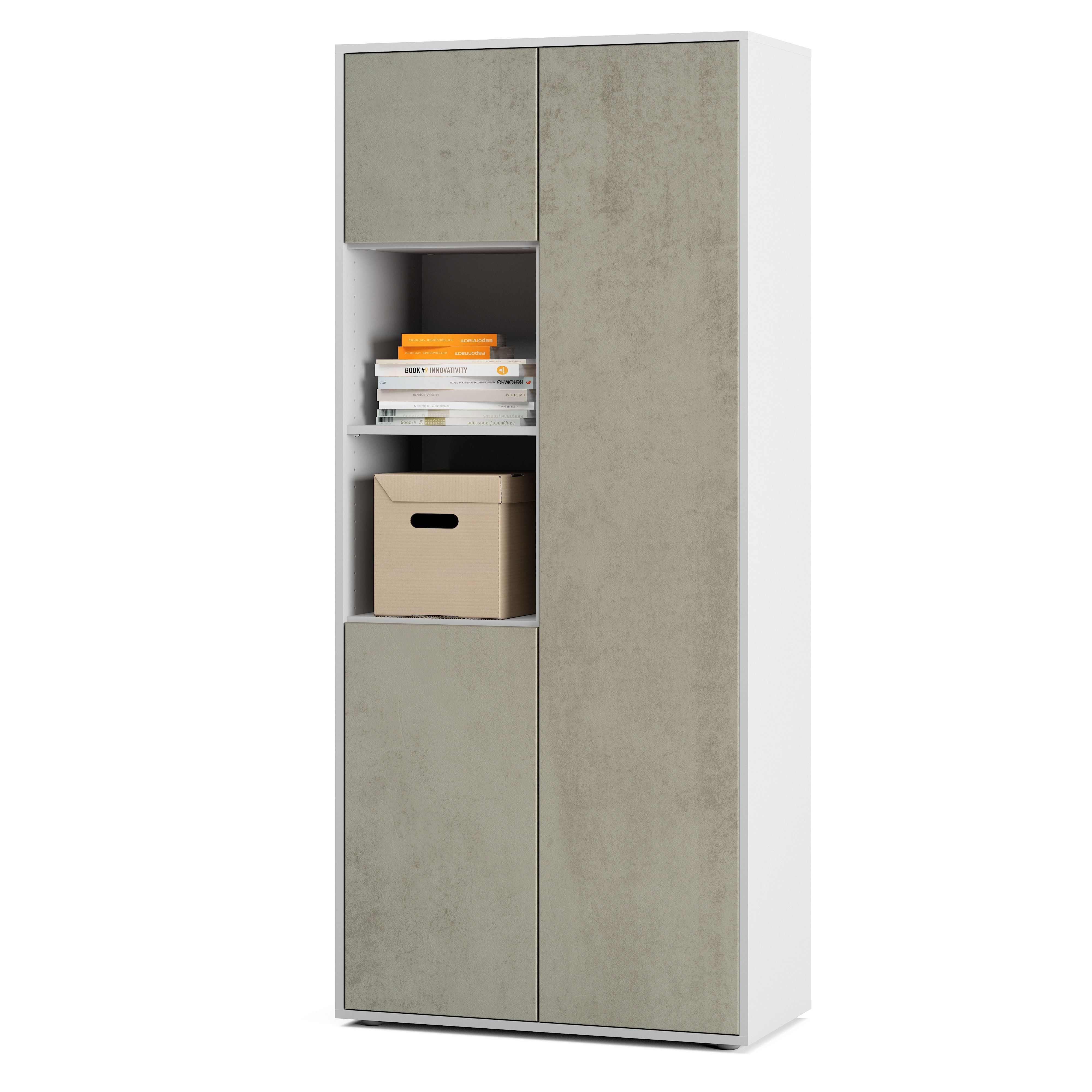 Büroschrank Amira T20 | mit 2 offenen Fächern | Aktenschrank & Mehrzweckschrank in Korpus Weiß & Front Beton Oxid | Push-to-Open | 180x80x40 cm