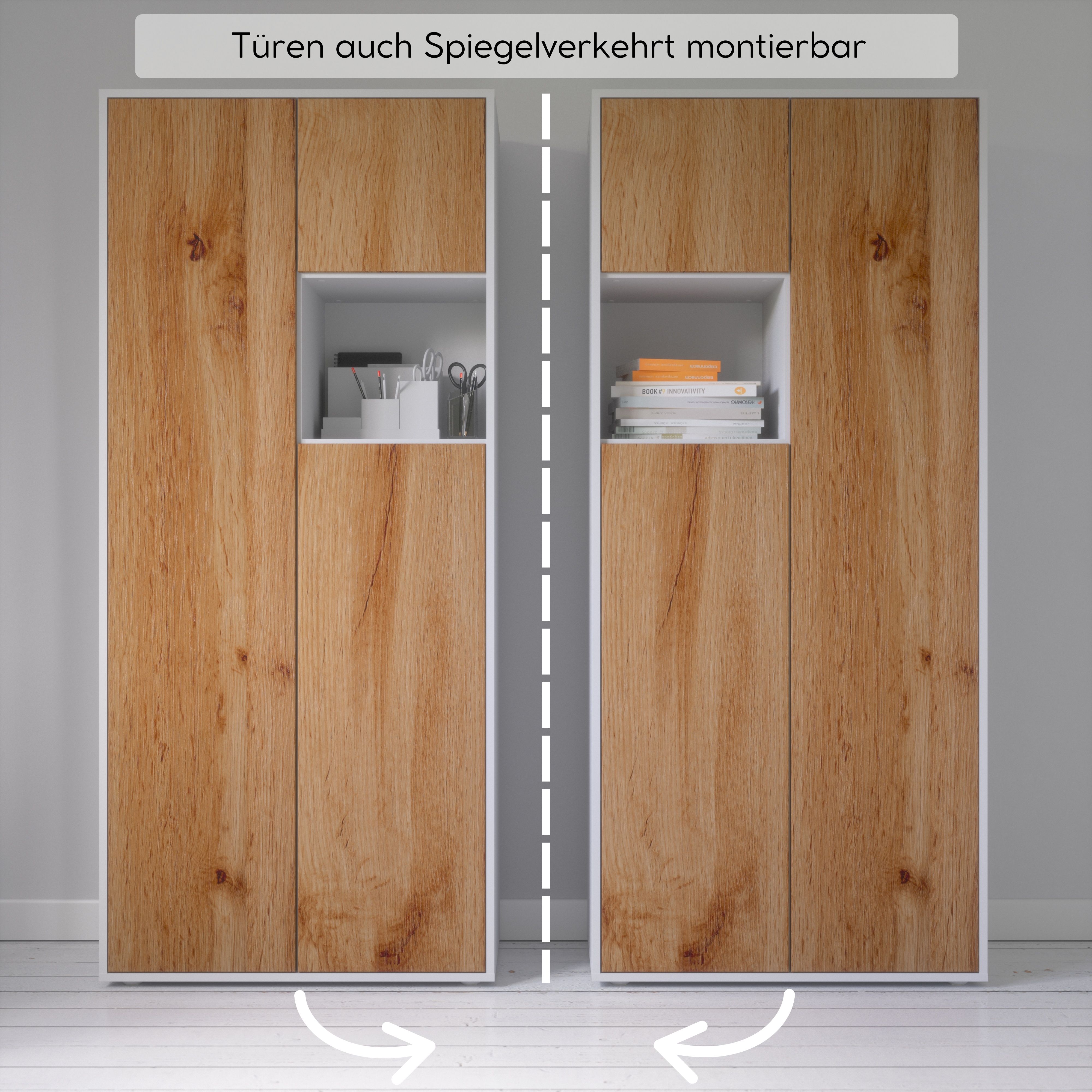 Büroschrank Amira T10 | Aktenschrank & Mehrzweckschrank mit offenem Fach | Weiß & Eiche Wotan | Push-to-Open | 180x80x40 cm | Modern für Büro & Homeoffice