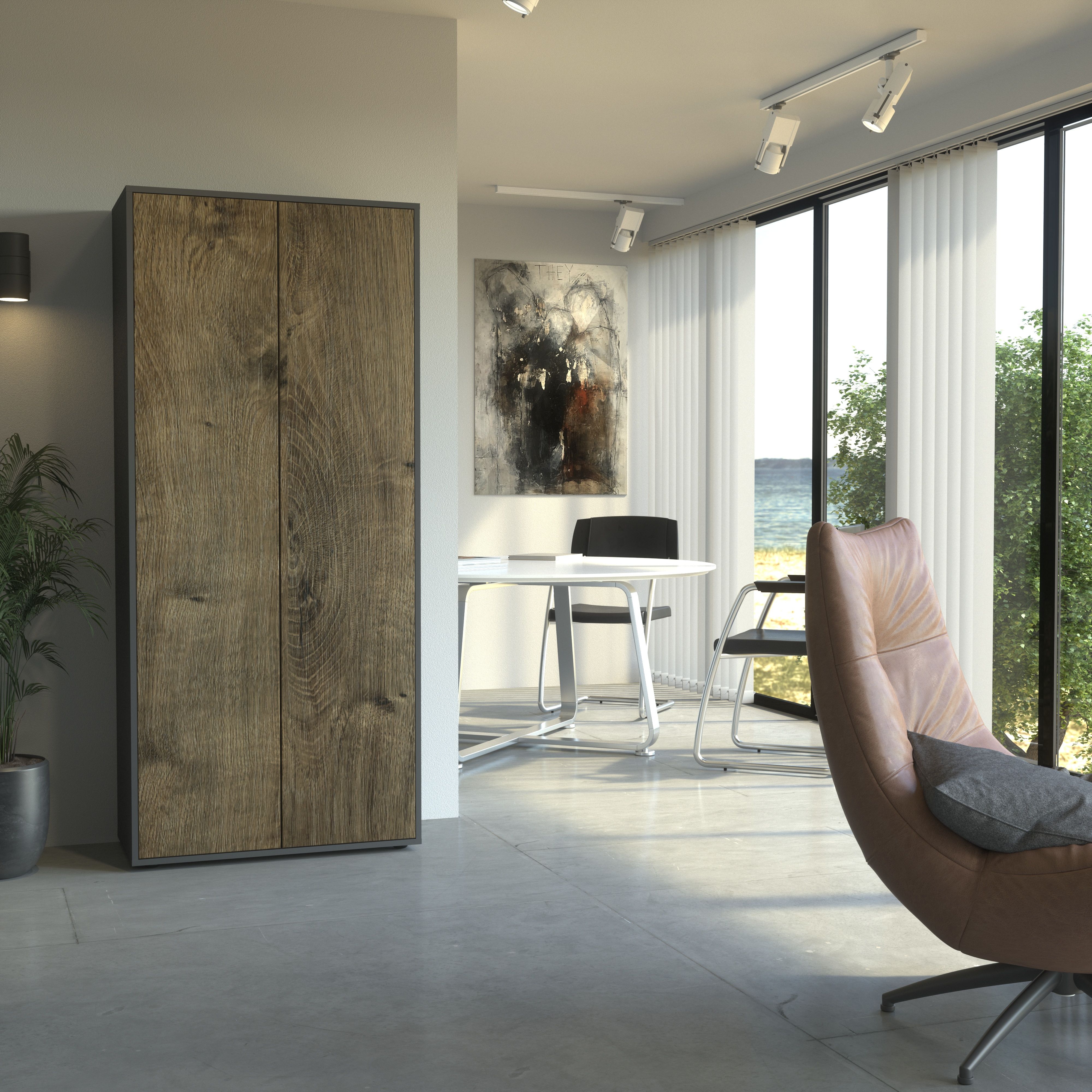 Büroschrank Amira T00, geschlossener Schrank mit 2 großen Türen, Anthrazit Korpus, Fronten in Eiche Ribbeck, Push-to-Open, 180x80x40 cm, Aktenregal für Büro und Homeoffice