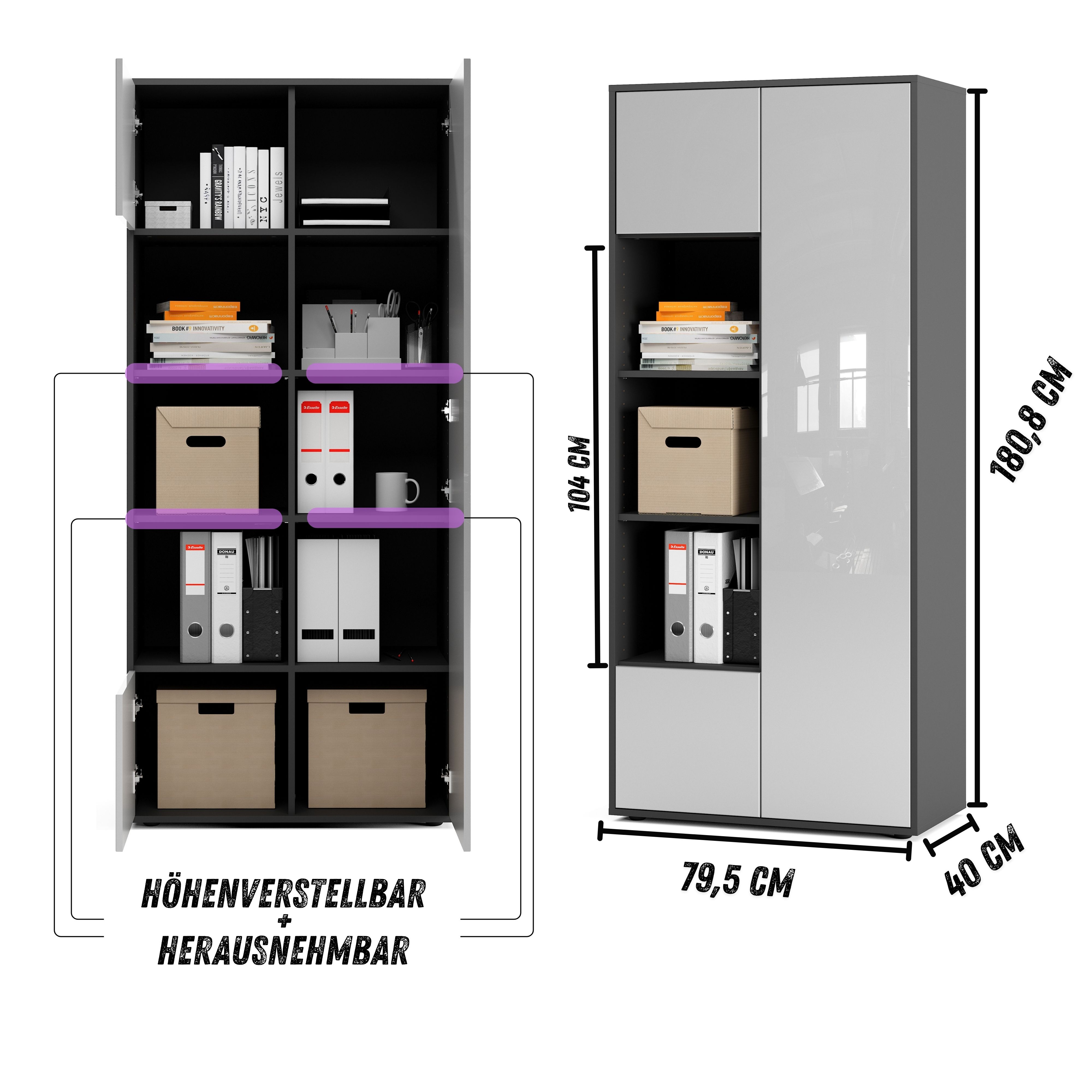 Büroschrank Amira T30, Schrank mit DREI offenen Fächern, Anthrazit Korpus, Fronten in Weiß Hochglanz, Push-to-Open, 180x80x40 cm, Moderner Schrank für Büro und Homeoffice