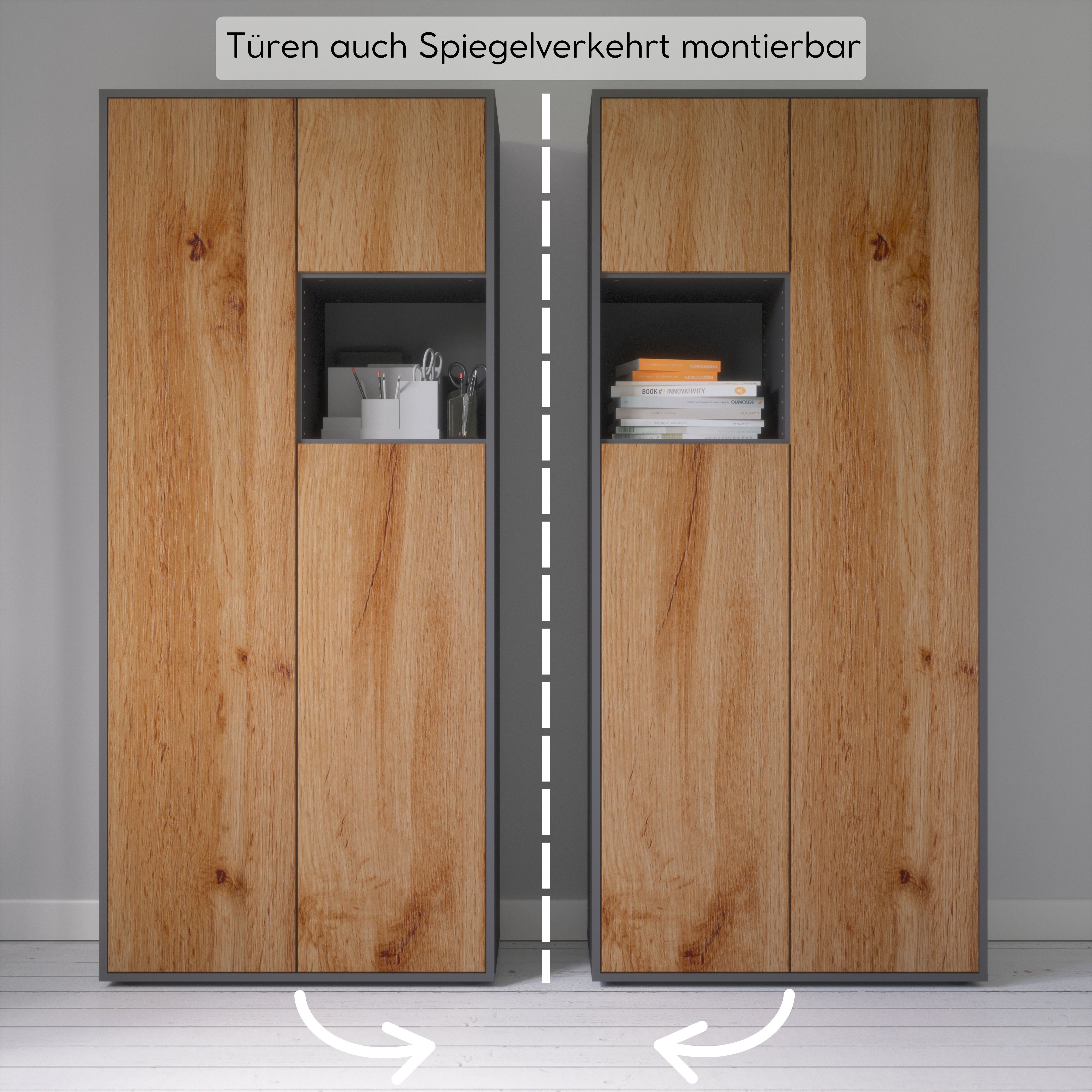 Büroschrank Amira T10, Schrank mit kleinem offenem Fach, Anthrazit Korpus, Fronten in Eiche Wotan , Push-to-Open, 180x80x40 cm, Büroschrank mit Ablage für Deko