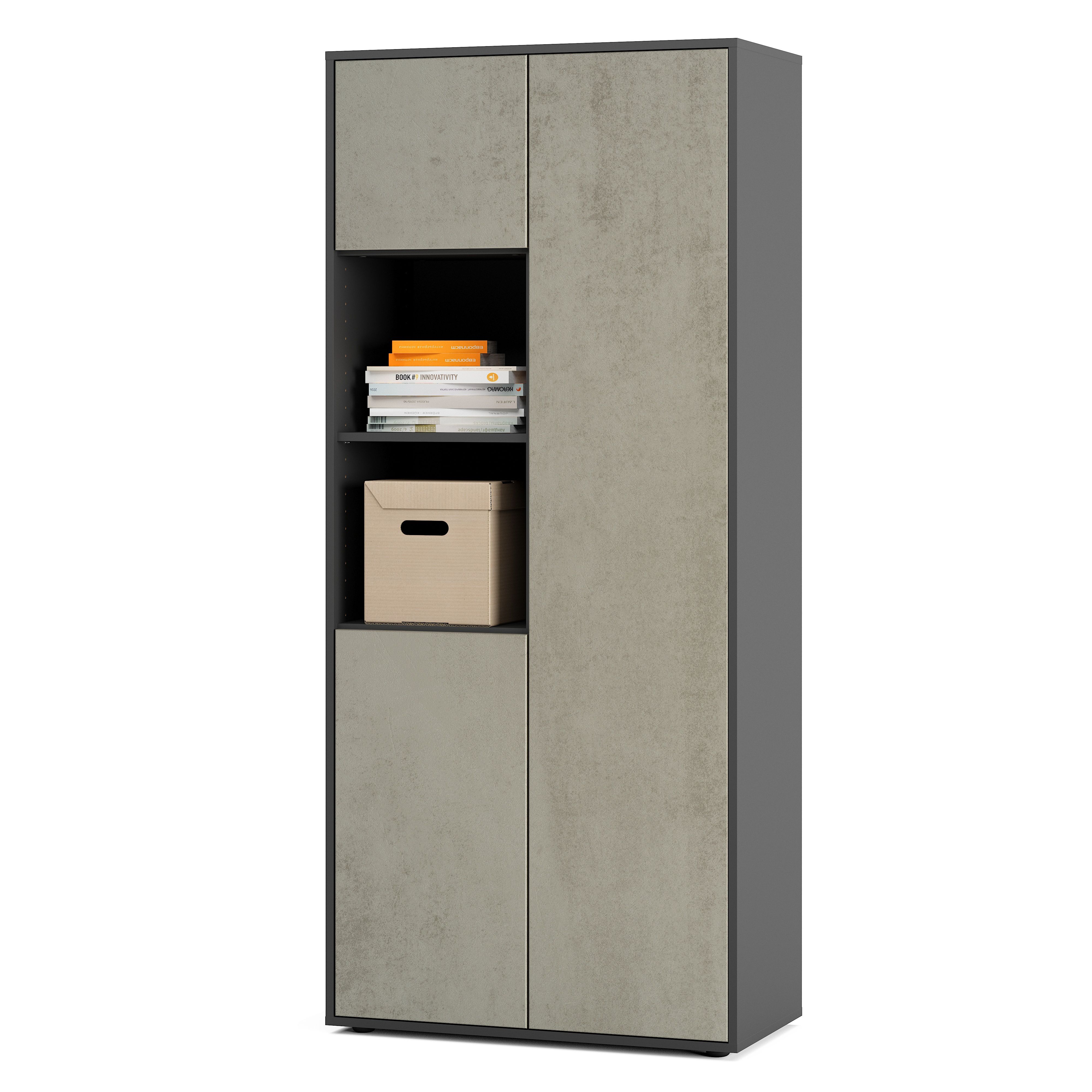 Büroschrank Amira T20, Schrank mit Zwei offenen Fächern, Anthrazit Korpus, Fronten in Beton Oxid , Push-to-Open, 180x80x40 cm, Büroschrank für Büro und Homeoffice