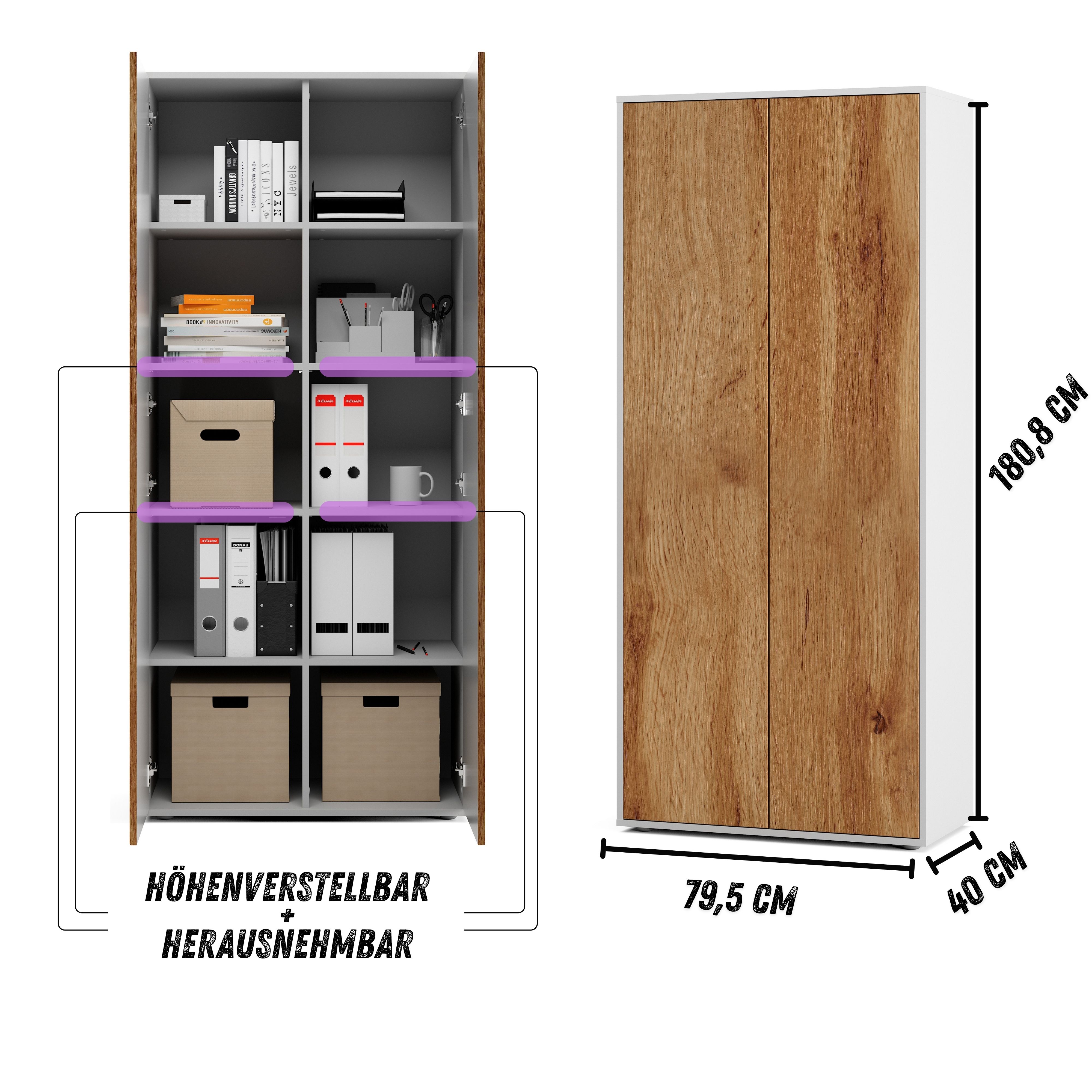 Büroschrank Amira T00 | Aktenschrank & Mehrzweckschrank in Weiß & Eiche Wotan | 180x80x40 cm | Push-to-Open für Büro