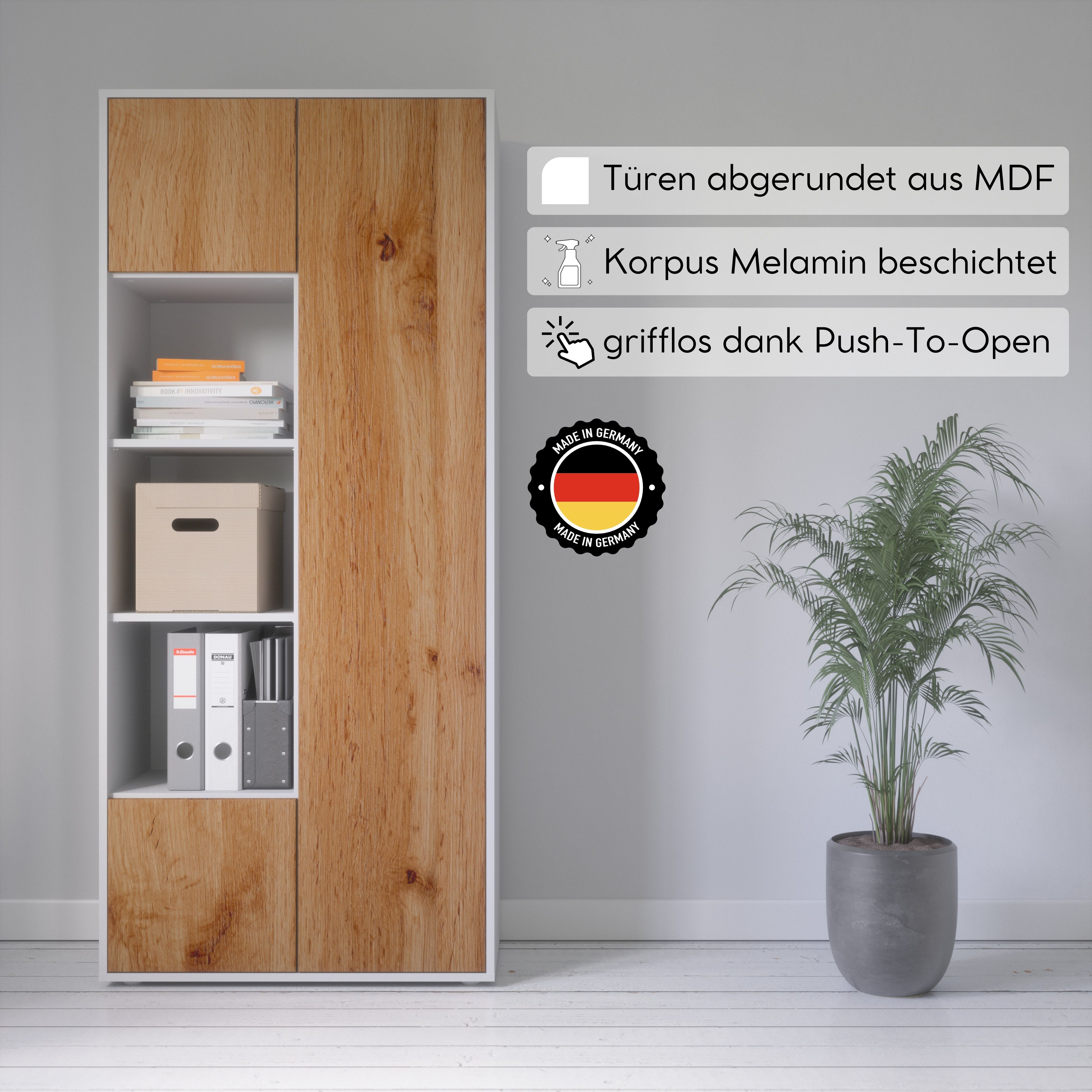 Büroschrank Amira T30 | Aktenschrank & Mehrzweckschrank in Weiß & Eiche Wotan | 3 offene Fächer | Push-to-Open | 181x80x40 cm | für Homeoffice & Büro