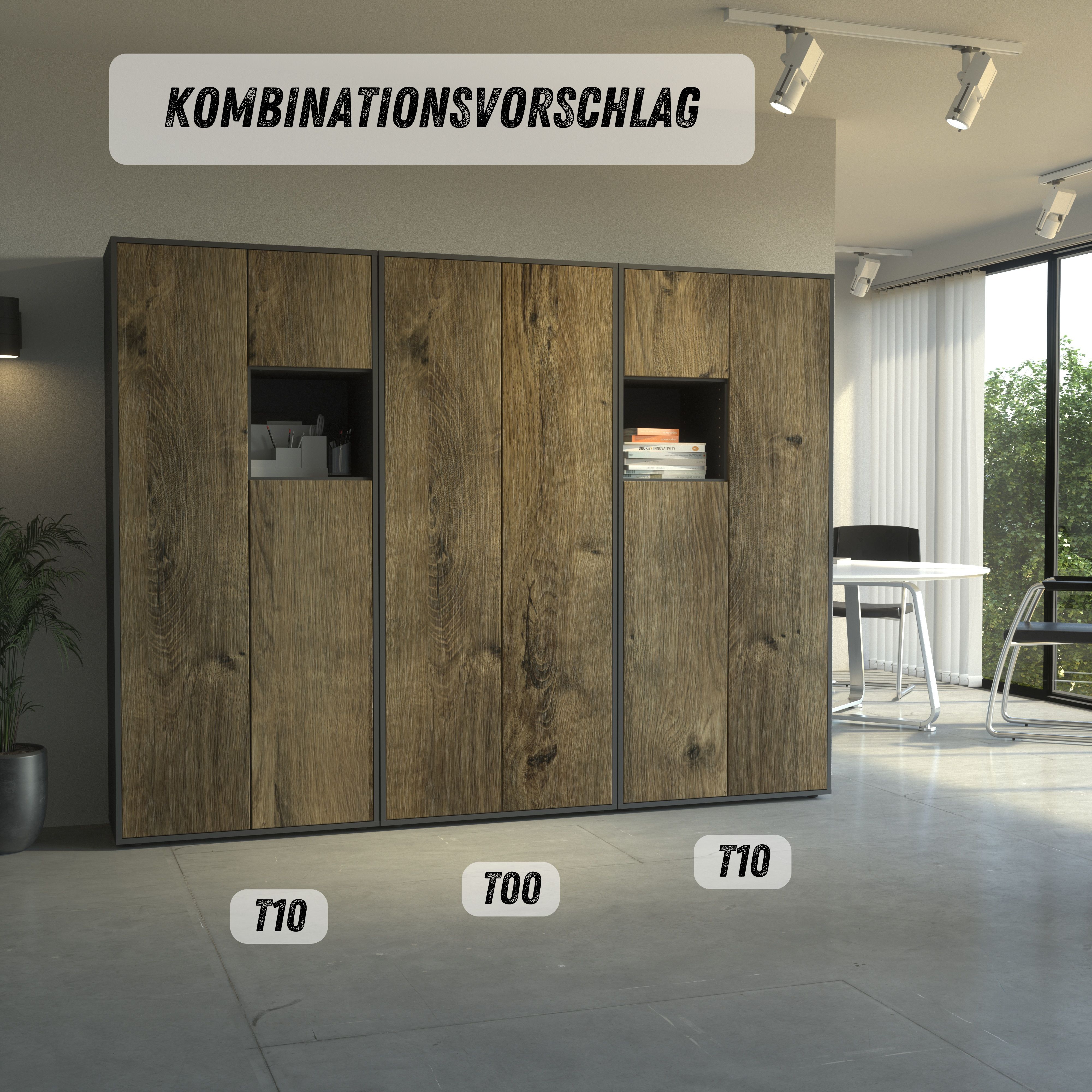 Büroschrank Amira T10, Schrank mit kleinem offenem Fach, Anthrazit Korpus, Fronten in Eiche Ribbeck , Push-to-Open, 180x80x40 cm, Büroschrank mit Ablage für Deko