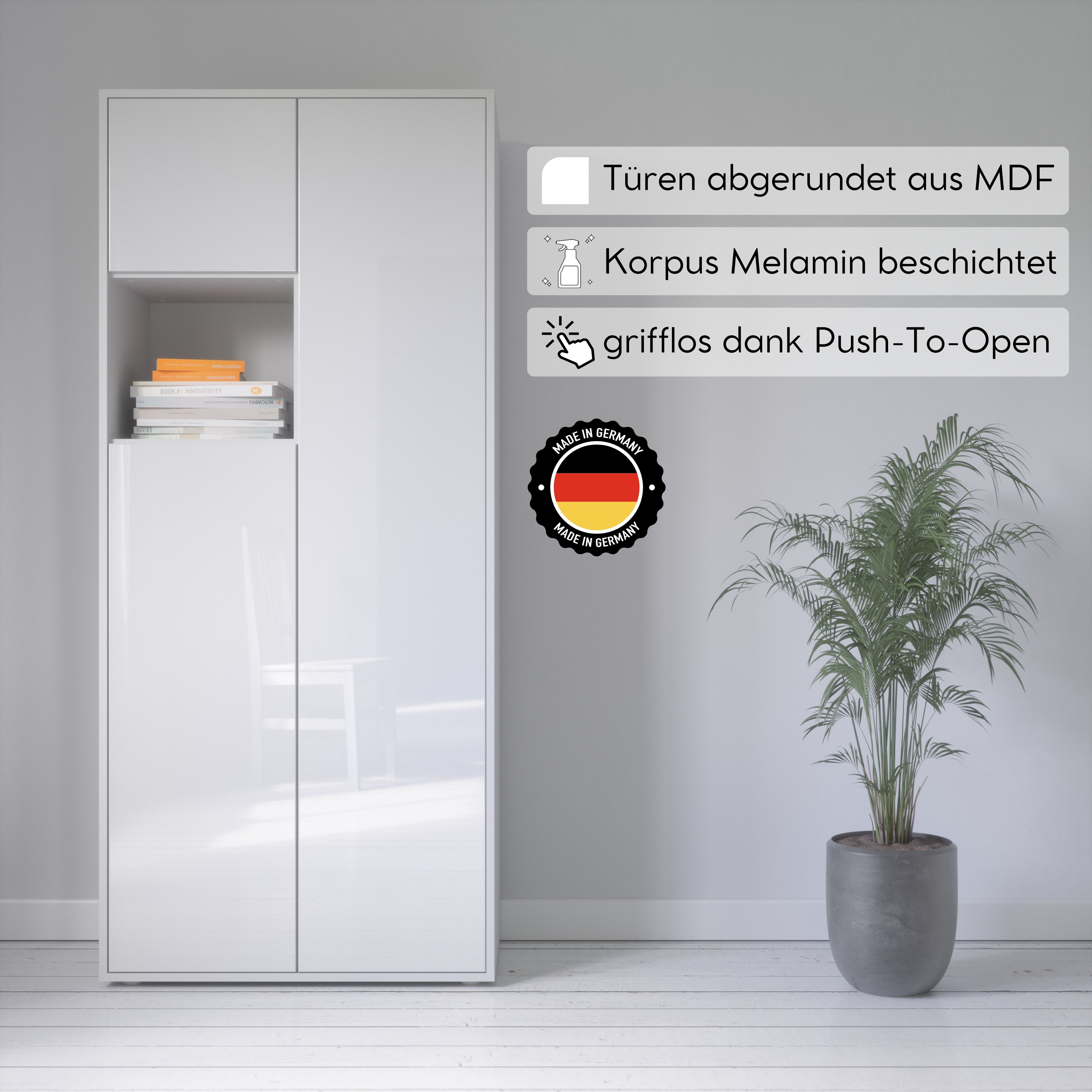 Büroschrank Amira T10 | Aktenschrank & Mehrzweckschrank mit offenem Fach | Weiß & Weiß Hochglanz | Push-to-Open | 180x80x40 cm | Modern für Büro & Homeoffice