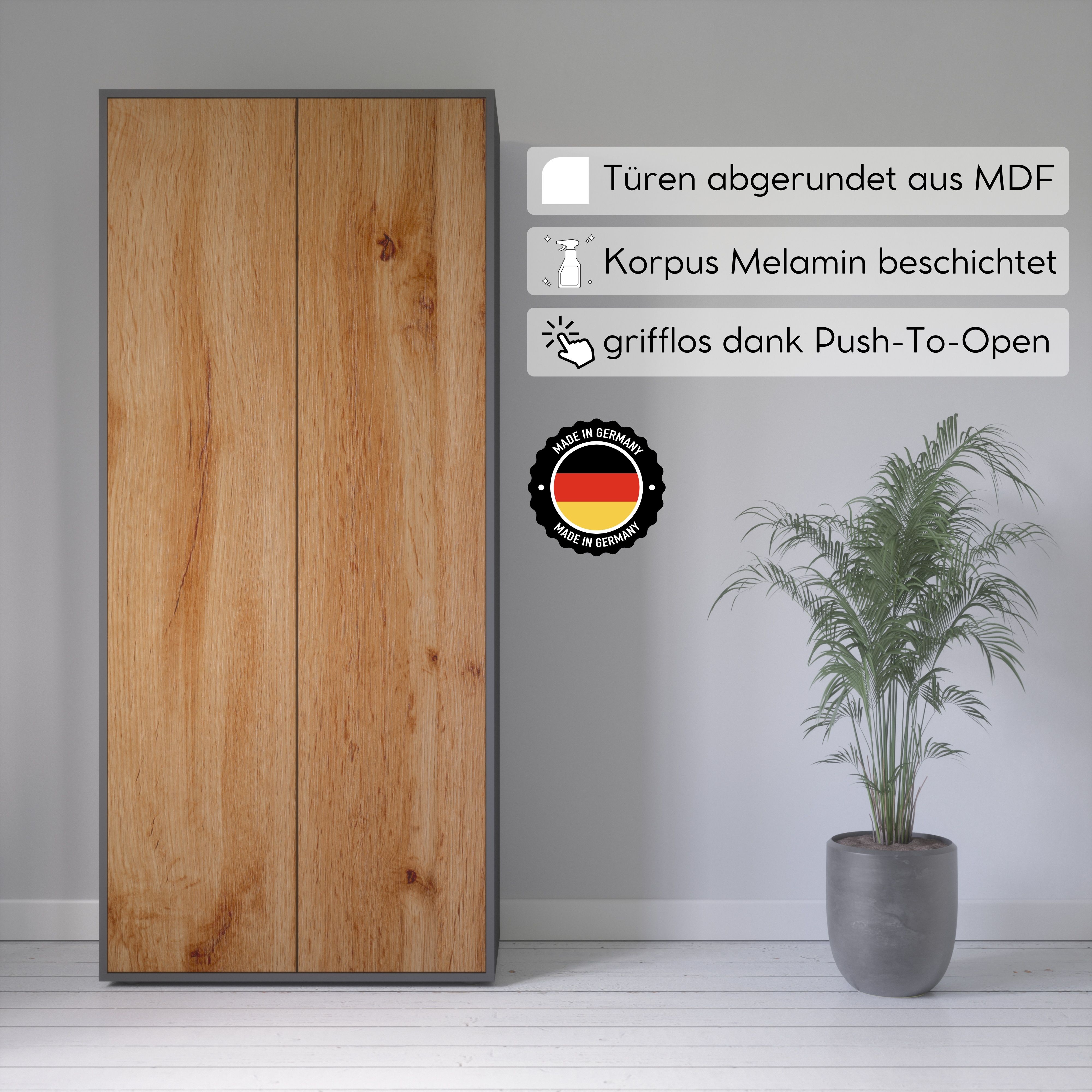 Büroschrank Amira T00, geschlossener Schrank mit 2 großen Türen, Anthrazit Korpus, Fronten in Eiche Wotan, Push-to-Open, 180x80x40 cm, Aktenregal für Büro und Homeoffice