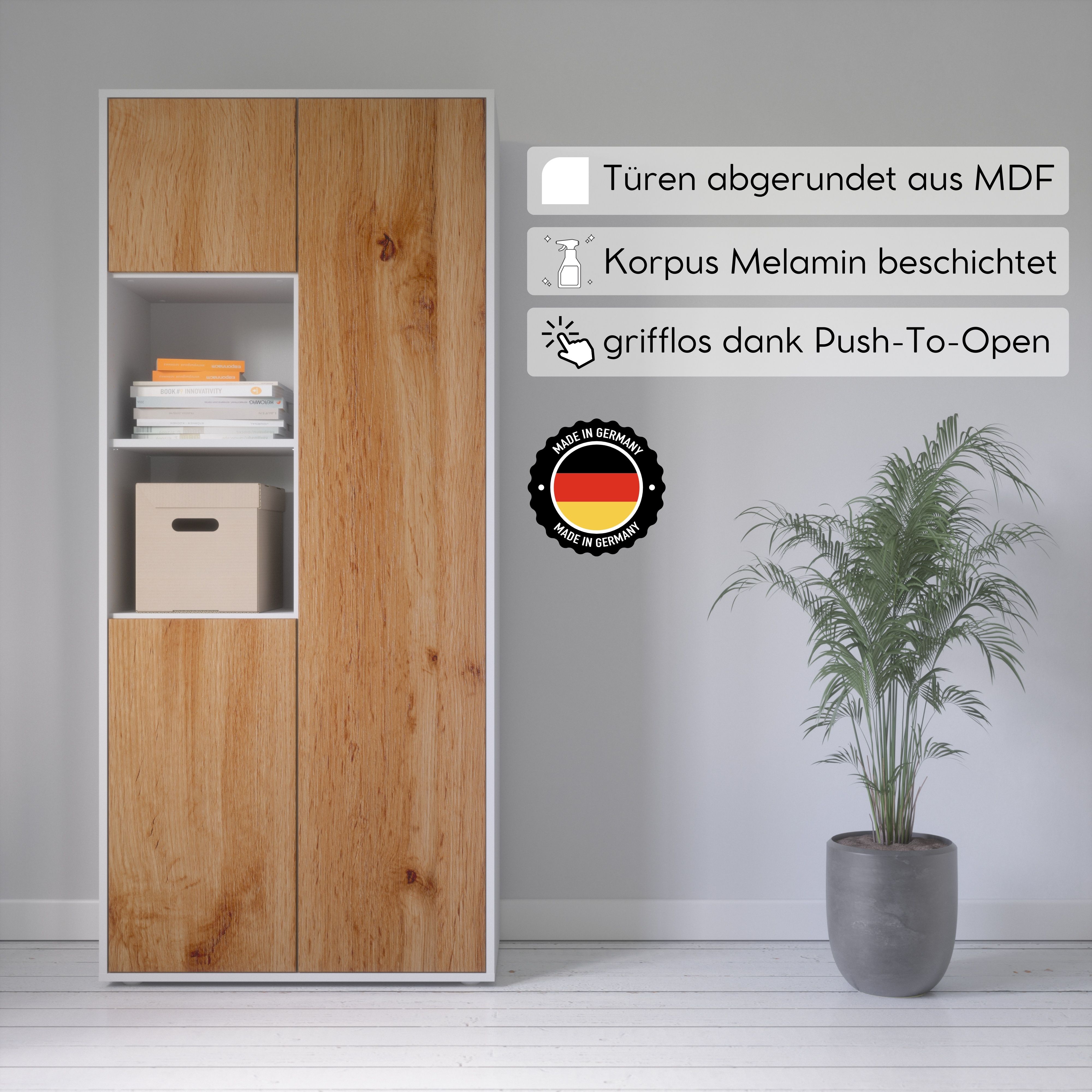 Büroschrank Amira T20 | mit 2 offenen Fächern | Aktenschrank & Mehrzweckschrank in Korpus Weiß & Front Eiche Wotan | Push-to-Open | 180x80x40 cm