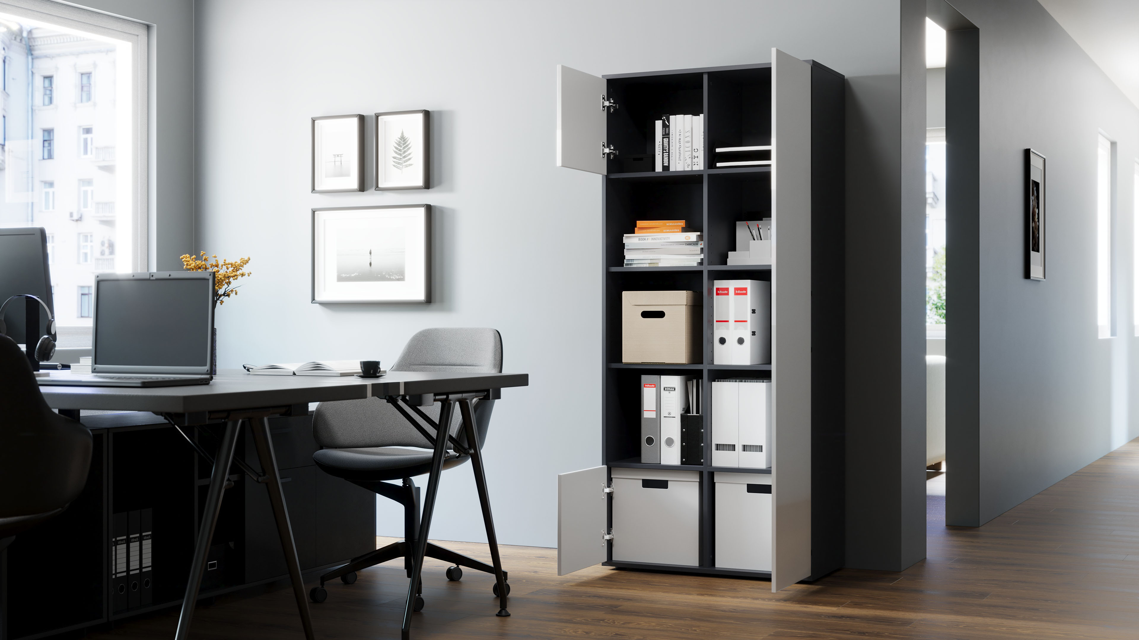 Büroschrank Amira T30, Schrank mit DREI offenen Fächern, Anthrazit Korpus, Fronten in Weiß Hochglanz, Push-to-Open, 180x80x40 cm, Moderner Schrank für Büro und Homeoffice