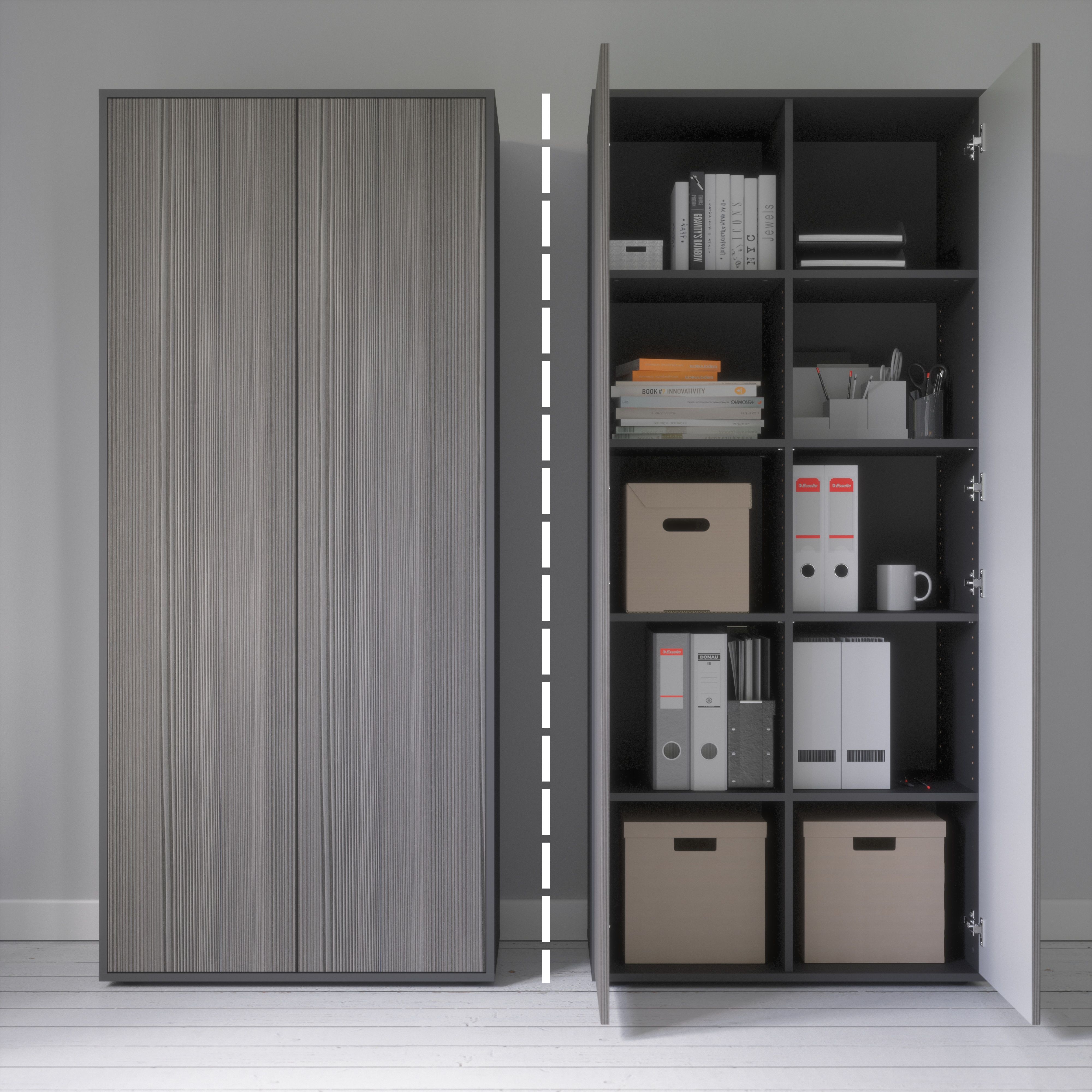 Büroschrank Amira T00, geschlossener Schrank mit 2 großen Türen, Anthrazit Korpus, Fronten in Avola Anthrazit, Push-to-Open, 180x80x40 cm, Aktenregal für Büro und Homeoffice