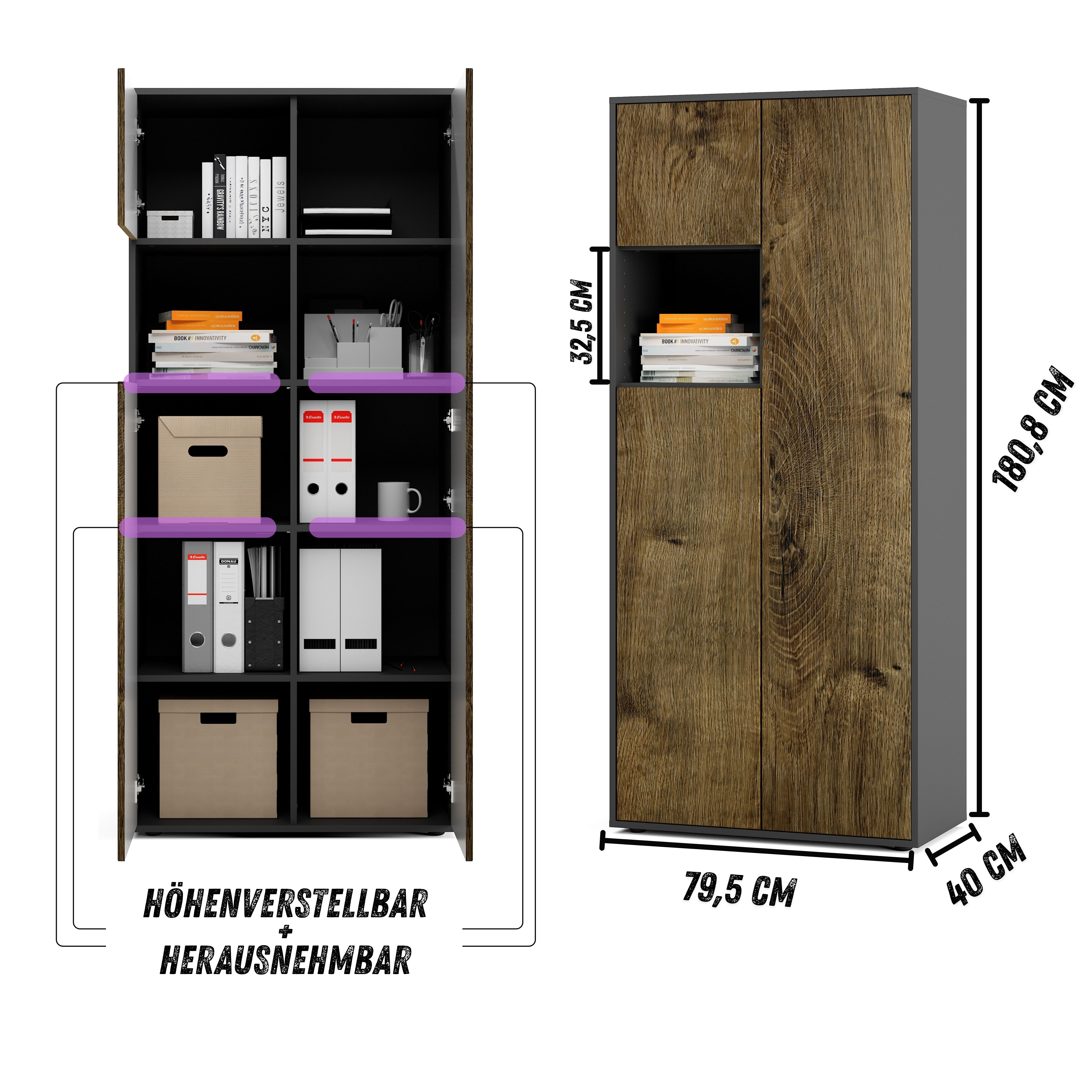 Büroschrank Amira T10, Schrank mit kleinem offenem Fach, Anthrazit Korpus, Fronten in Eiche Ribbeck , Push-to-Open, 180x80x40 cm, Büroschrank mit Ablage für Deko