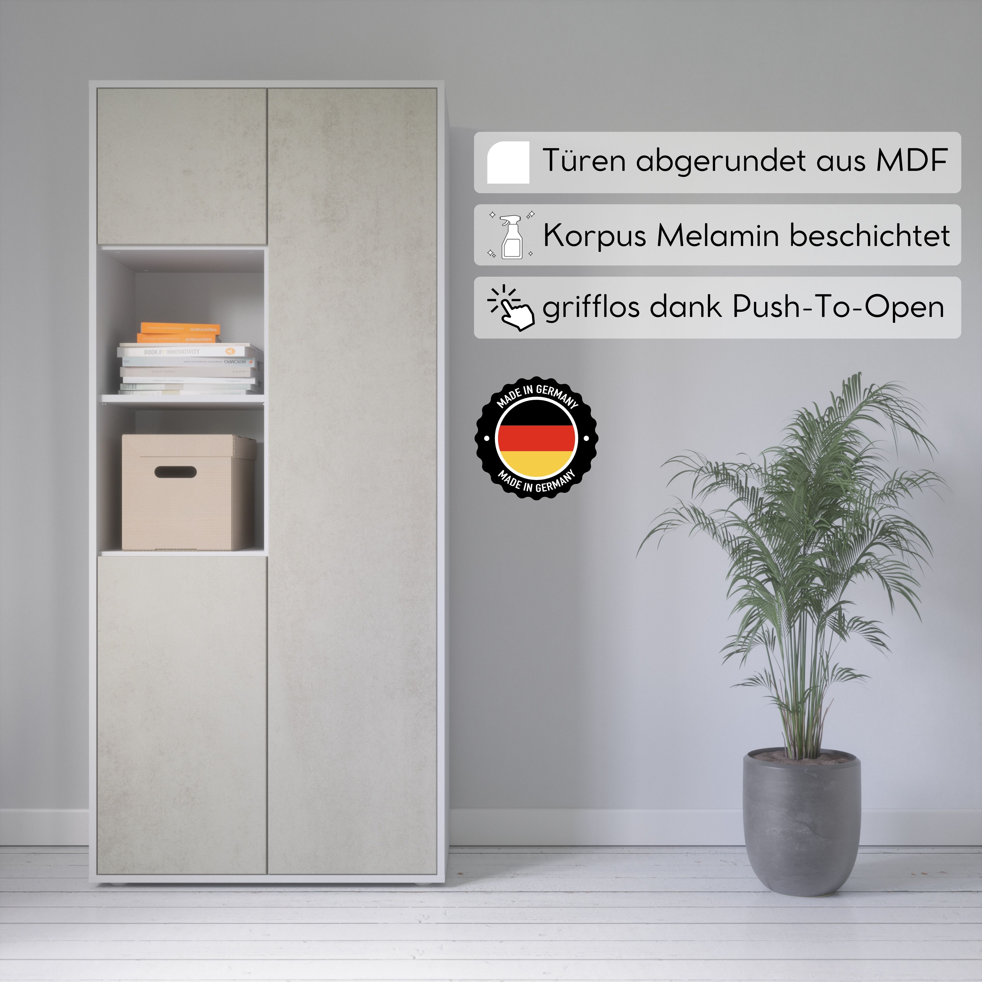 Büroschrank Amira T20 | mit 2 offenen Fächern | Aktenschrank & Mehrzweckschrank in Korpus Weiß & Front Beton Oxid | Push-to-Open | 180x80x40 cm