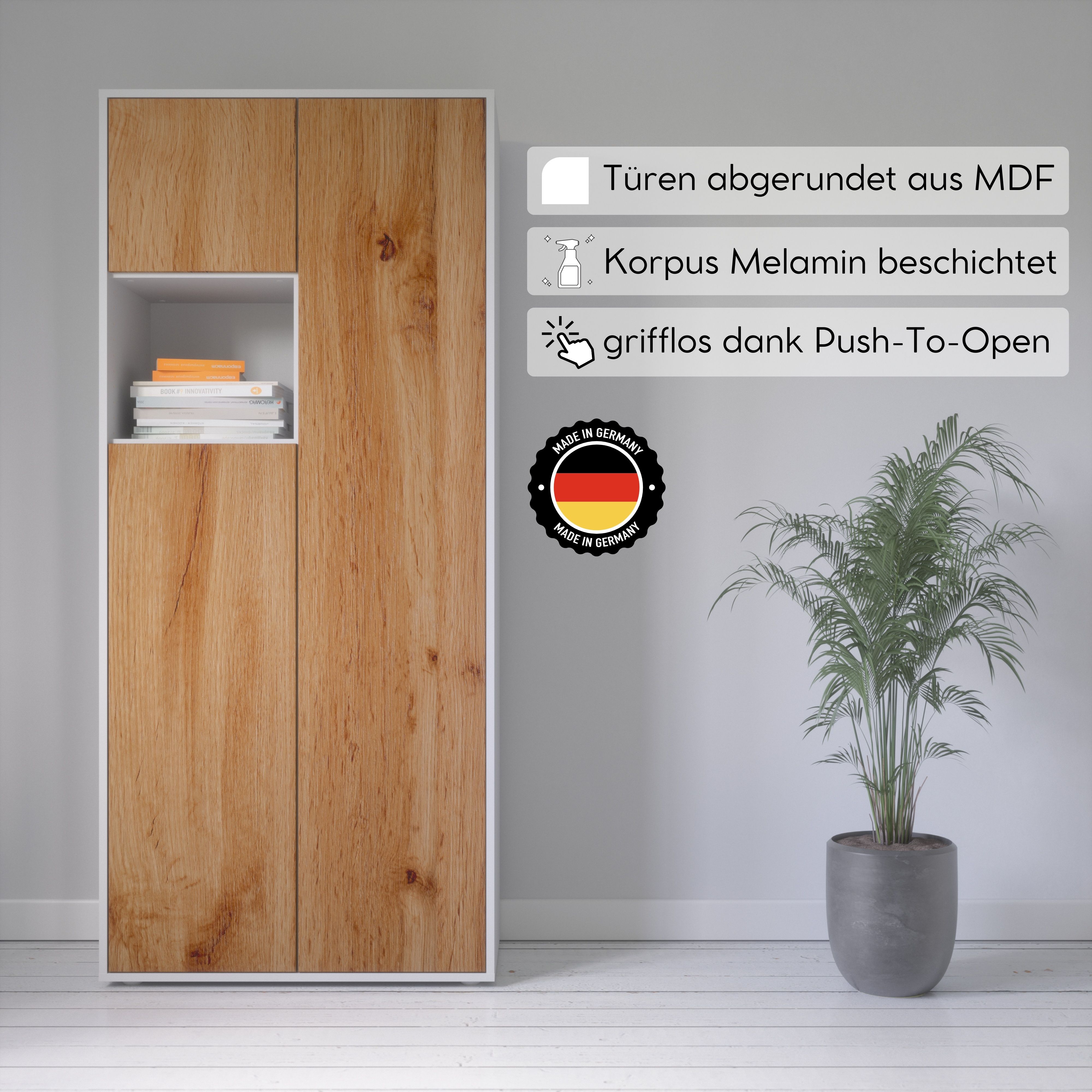 Büroschrank Amira T10 | Aktenschrank & Mehrzweckschrank mit offenem Fach | Weiß & Eiche Wotan | Push-to-Open | 180x80x40 cm | Modern für Büro & Homeoffice