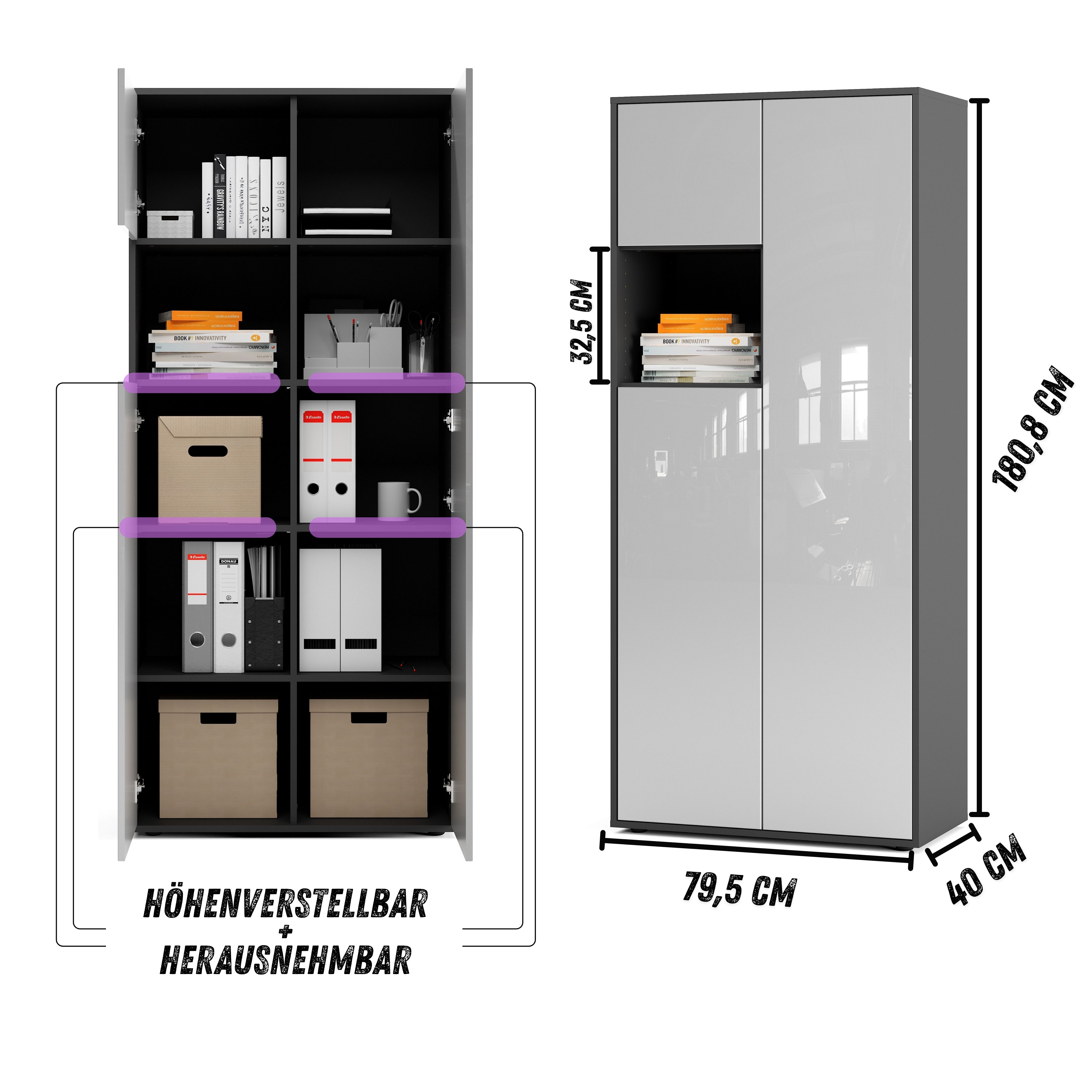 Büroschrank Amira T10, Schrank mit kleinem offenem Fach, Anthrazit Korpus, Fronten in Weiß Hochglanz , Push-to-Open, 180x80x40 cm, Büroschrank mit Ablage für Deko