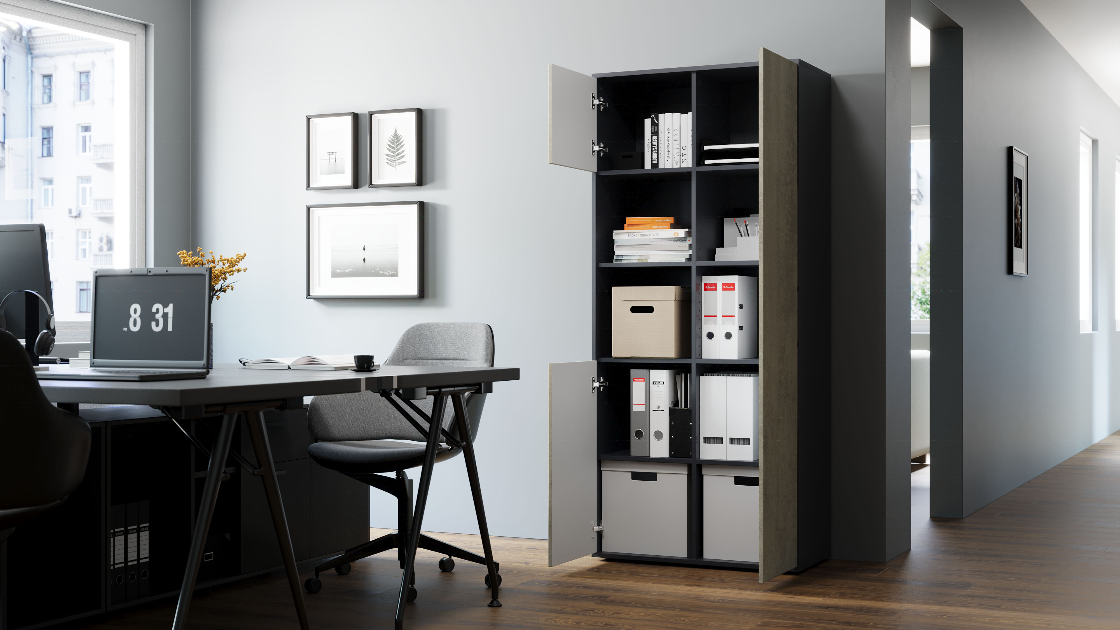 Büroschrank Amira T20, Schrank mit Zwei offenen Fächern, Anthrazit Korpus, Fronten in Beton Oxid , Push-to-Open, 180x80x40 cm, Büroschrank für Büro und Homeoffice