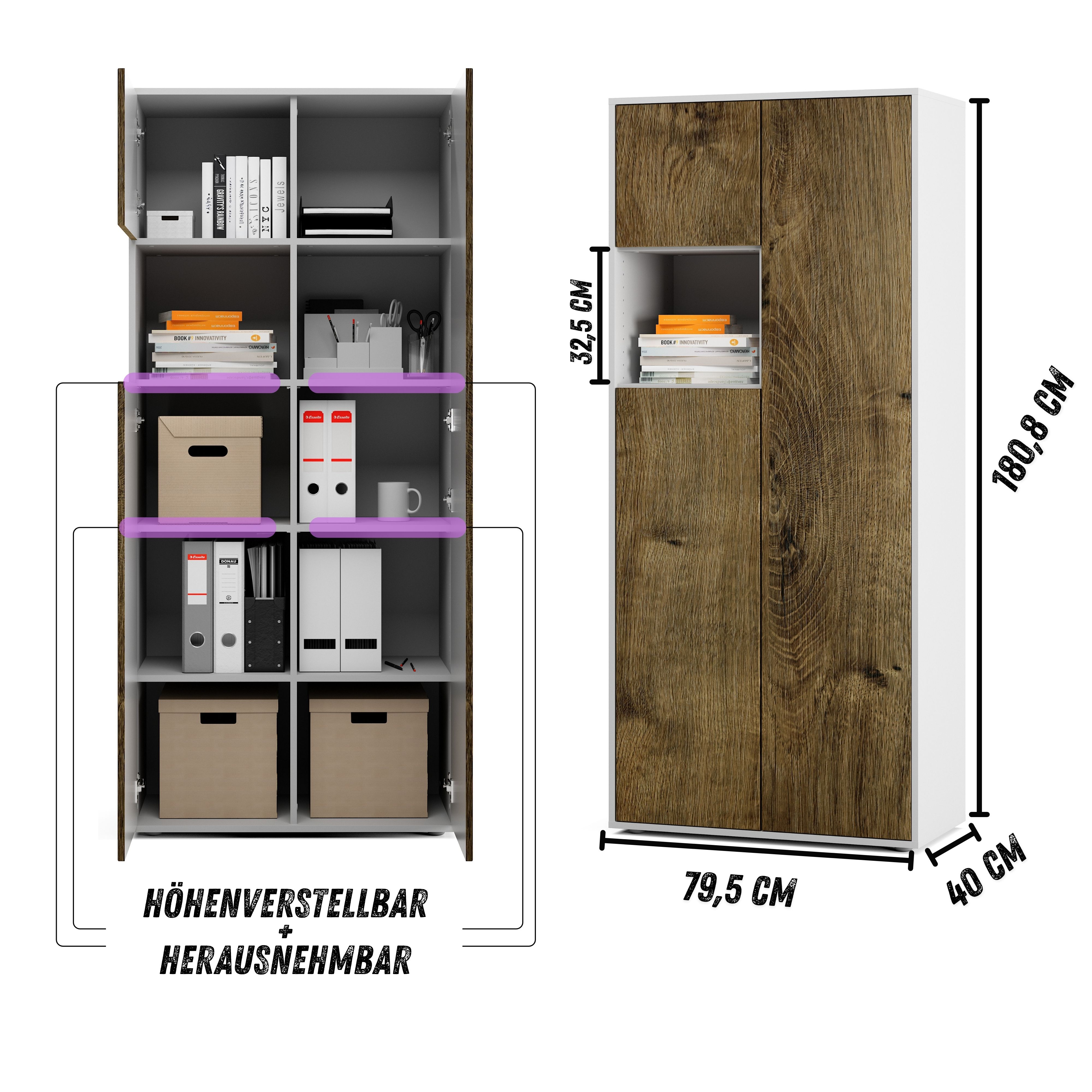 Büroschrank Amira T10 | Aktenschrank & Mehrzweckschrank mit offenem Fach | Weiß & Eiche Ribbeck | Push-to-Open | 180x80x40 cm | Modern für Büro & Homeoffice