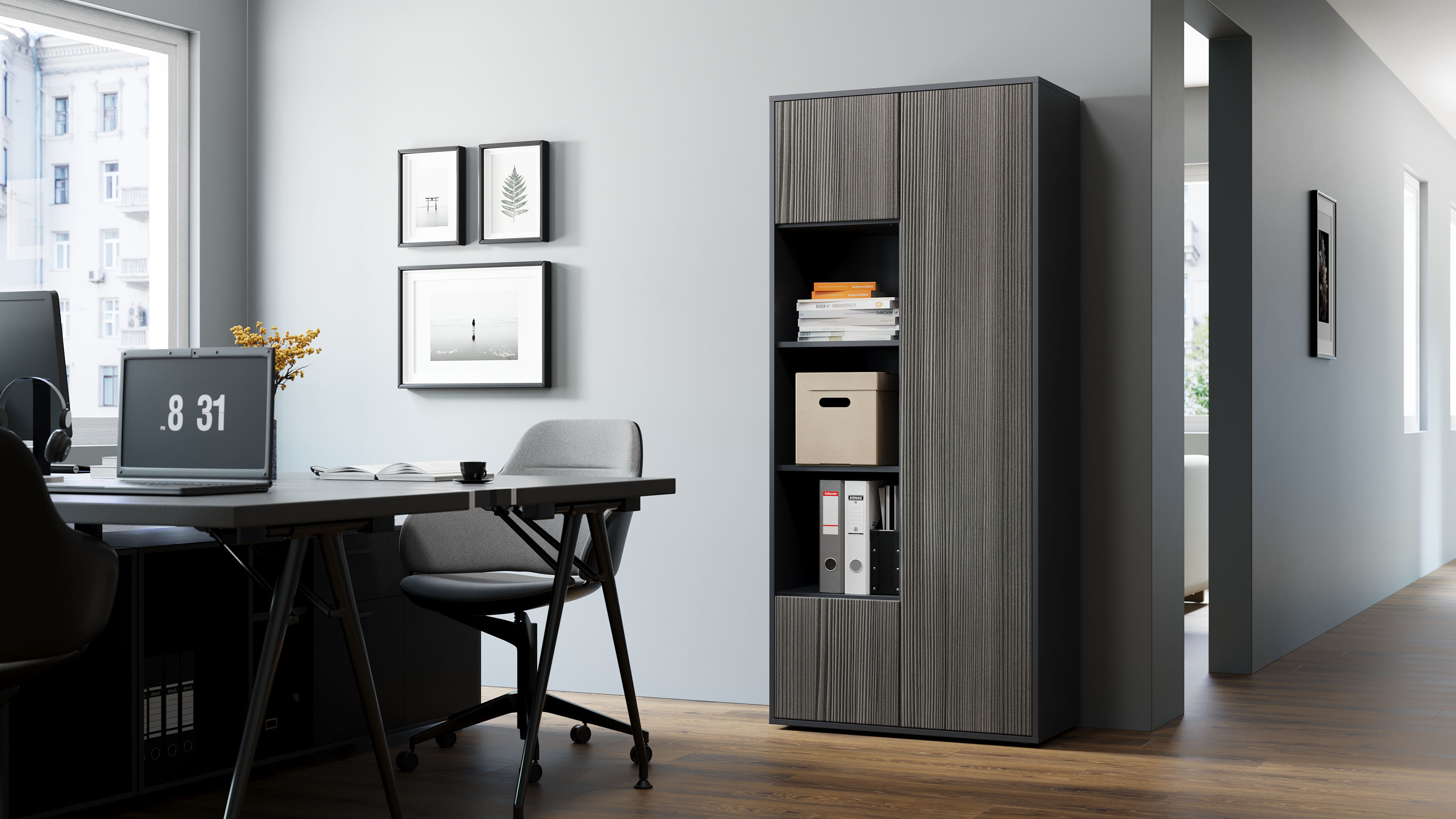 Büroschrank Amira T30, Schrank mit DREI offenen Fächern, Anthrazit Korpus, Fronten in, Push-to-Open, 180x80x40 cm, Moderner Schrank für Büro und Homeoffice