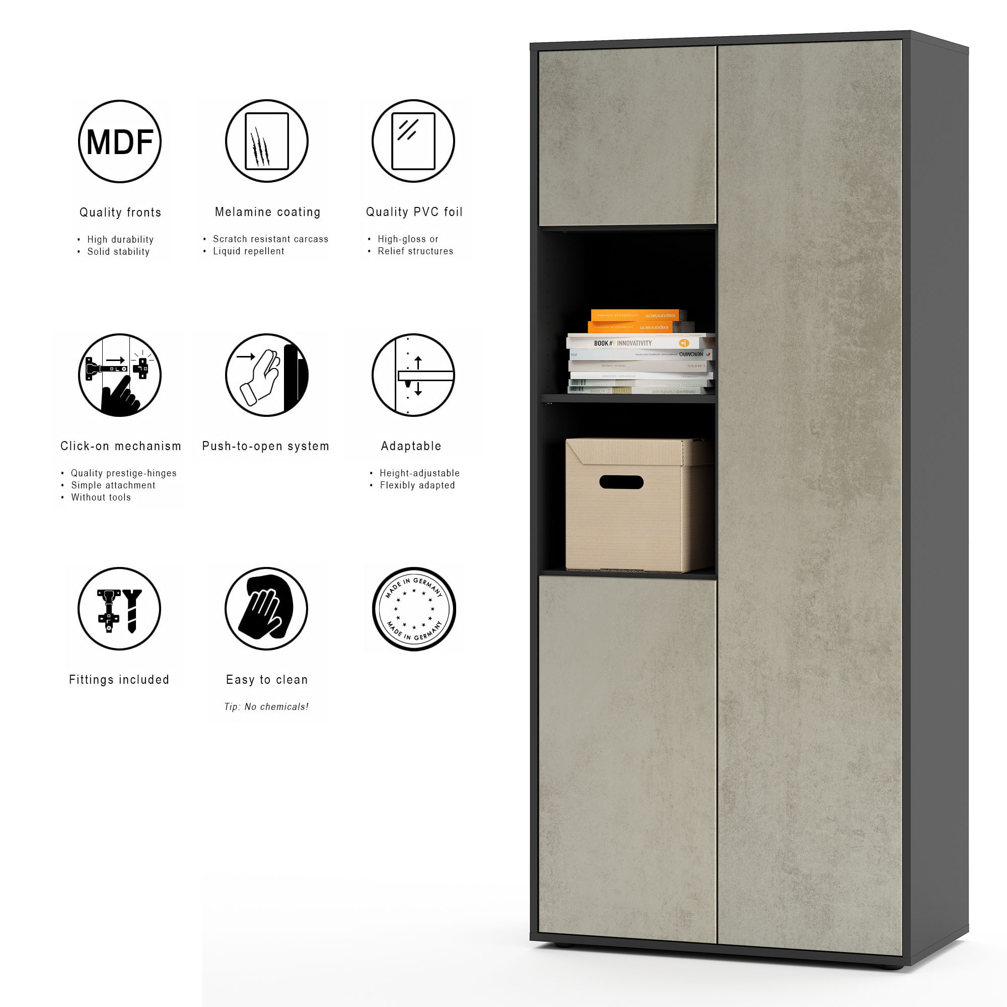 Büroschrank Amira T20, Schrank mit Zwei offenen Fächern, Anthrazit Korpus, Fronten in Beton Oxid , Push-to-Open, 180x80x40 cm, Büroschrank für Büro und Homeoffice