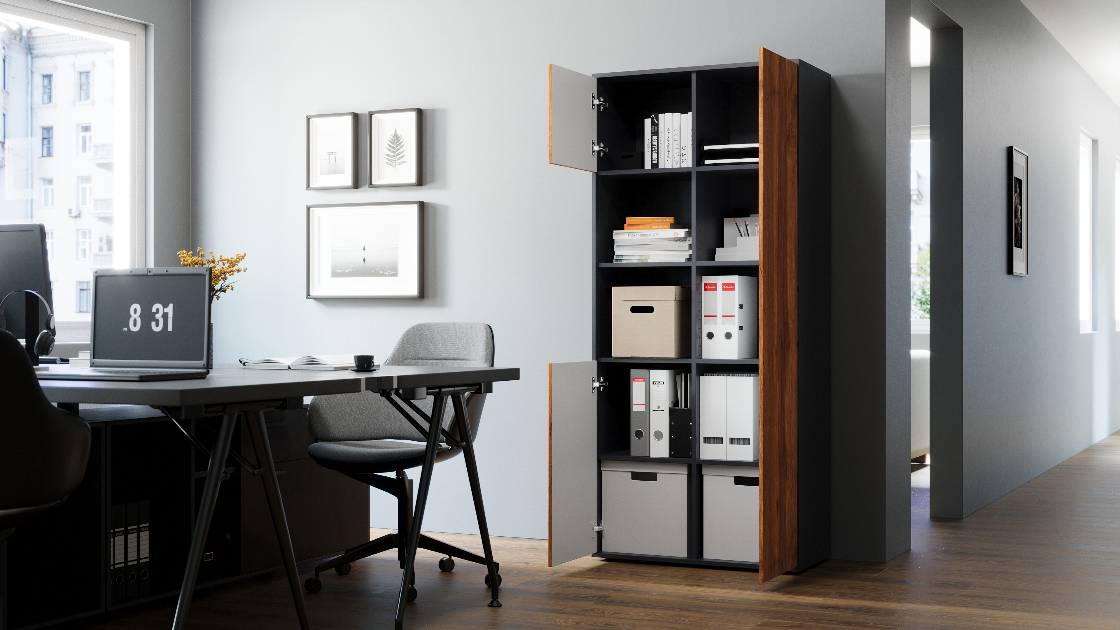 Büroschrank Amira T20, Schrank mit Zwei offenen Fächern, Anthrazit Korpus, Fronten in Eiche Wotan , Push-to-Open, 180x80x40 cm, Büroschrank für Büro und Homeoffice