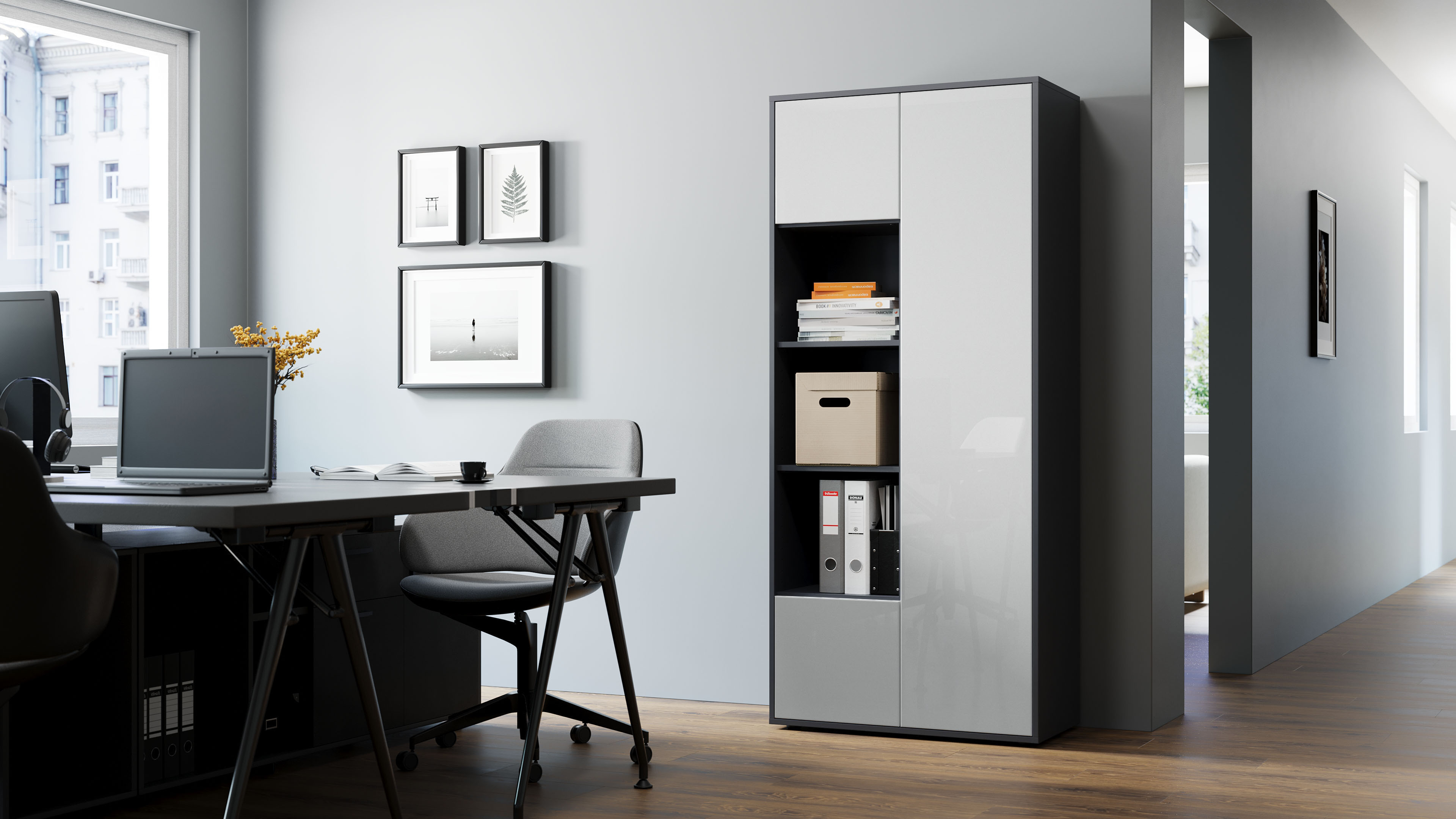 Büroschrank Amira T30, Schrank mit DREI offenen Fächern, Anthrazit Korpus, Fronten in Weiß Hochglanz, Push-to-Open, 180x80x40 cm, Moderner Schrank für Büro und Homeoffice