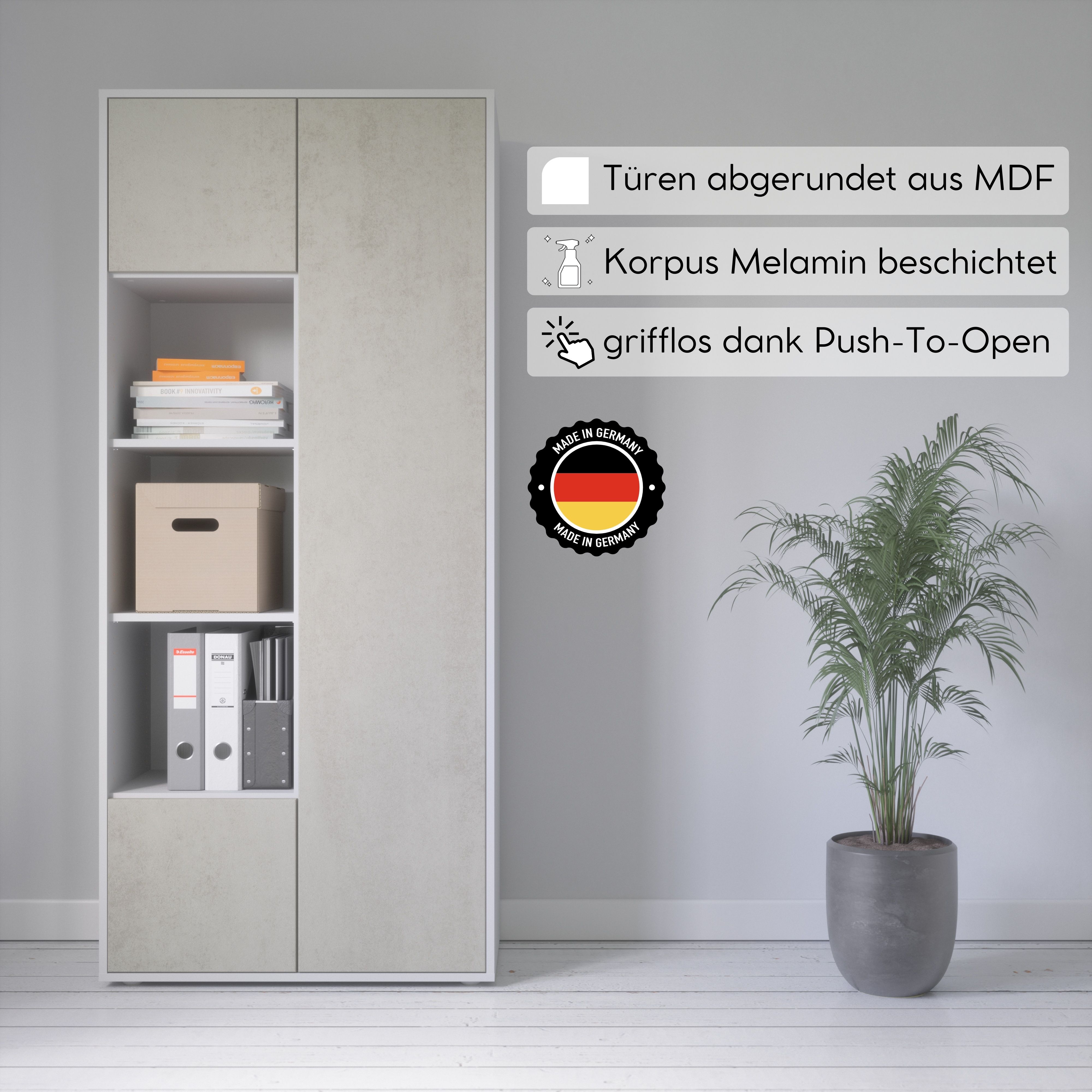 Büroschrank Amira T30 | Aktenschrank & Mehrzweckschrank in Weiß & Beton Oxid | 3 offene Fächer | Push-to-Open | 181x80x40 cm | für Homeoffice & Büro