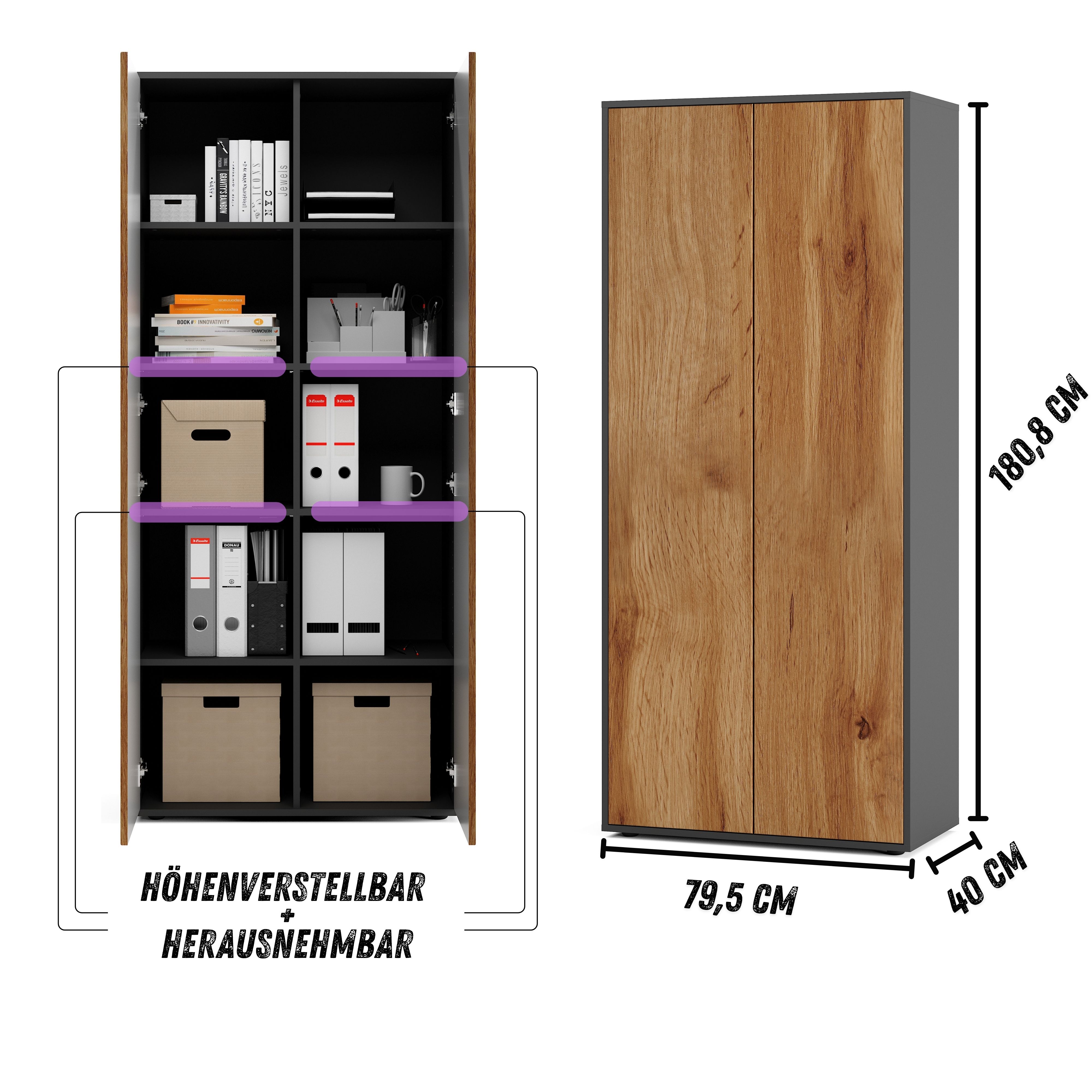 Büroschrank Amira T00, geschlossener Schrank mit 2 großen Türen, Anthrazit Korpus, Fronten in Eiche Wotan, Push-to-Open, 180x80x40 cm, Aktenregal für Büro und Homeoffice