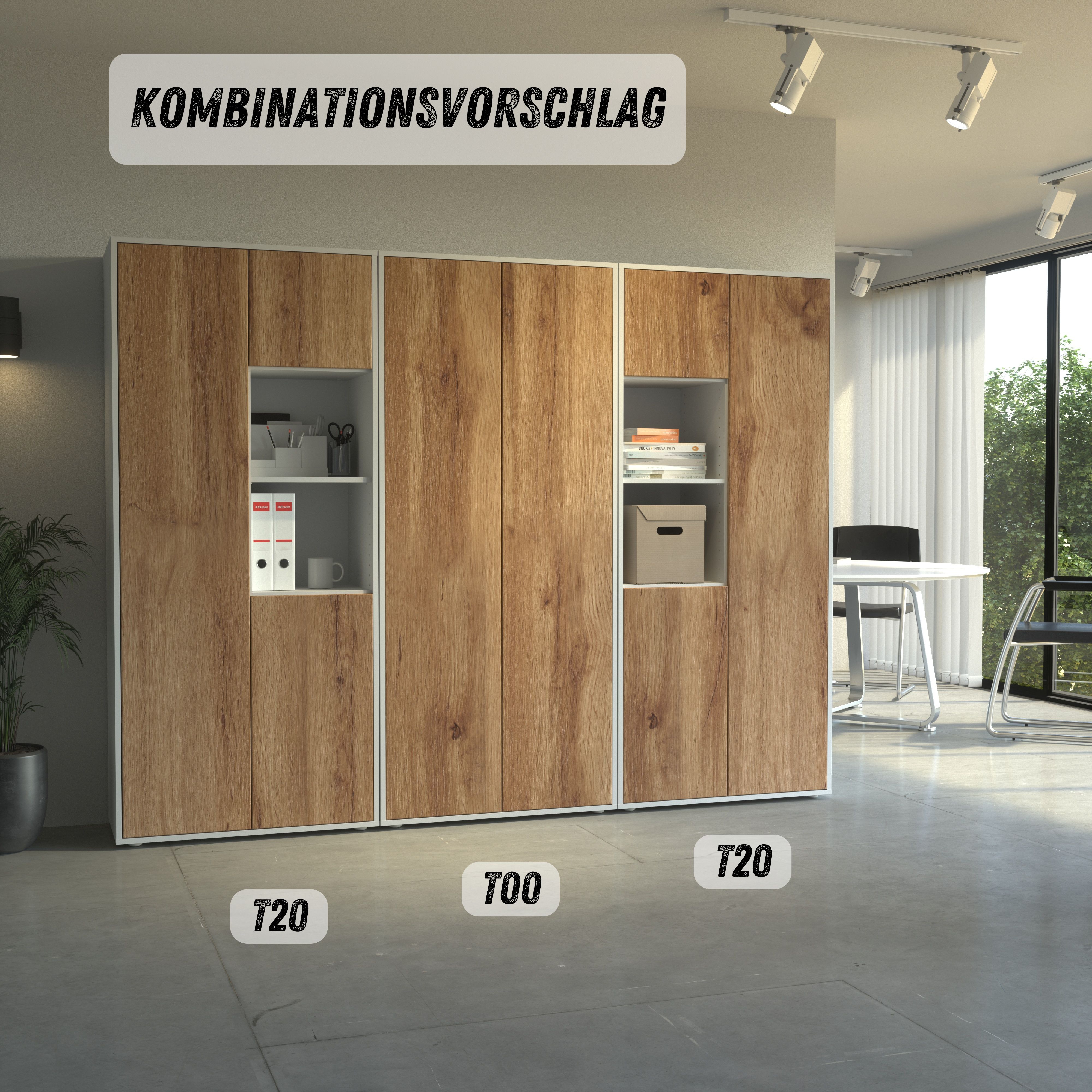 Büroschrank Amira T20 | mit 2 offenen Fächern | Aktenschrank & Mehrzweckschrank in Korpus Weiß & Front Eiche Wotan | Push-to-Open | 180x80x40 cm