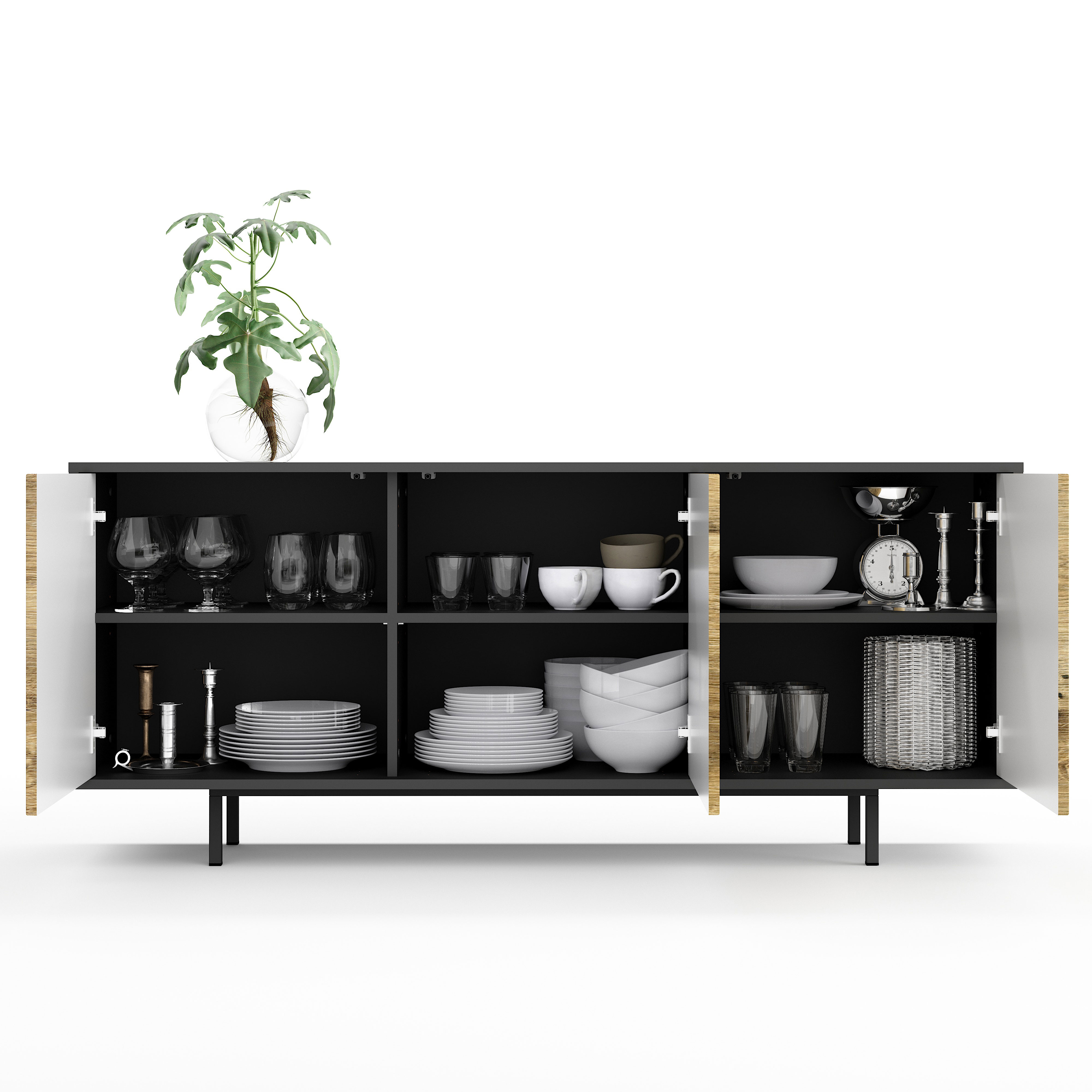 Sideboard Akia Kommode für Wohnzimmer oder Flur in Anthrazit mit Eiche Ribbeck Türen, 154x40x66 cm, Metallfüße, Push-to-Open, modernes Lowboard mit verstellbaren Einlegeböden