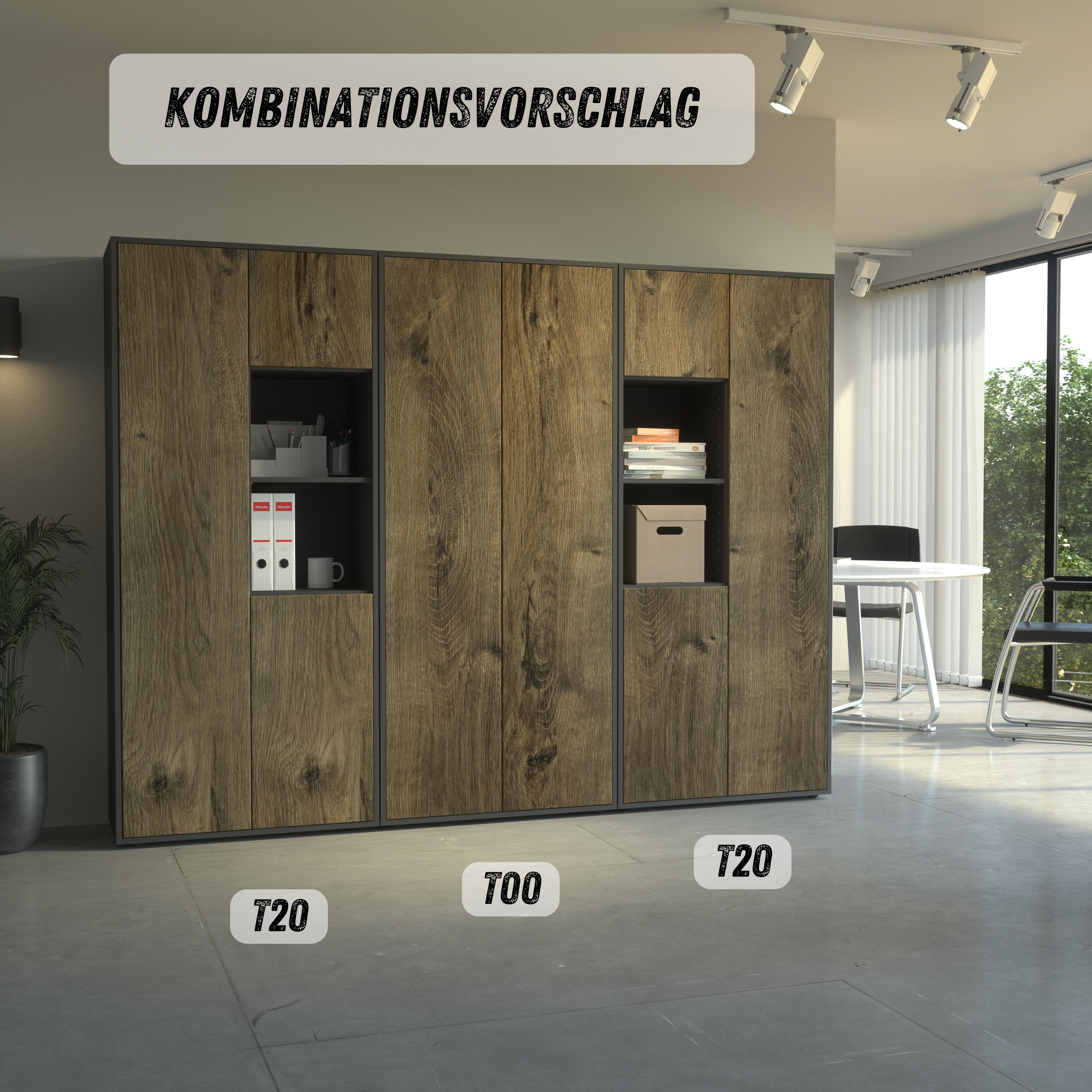 Büroschrank Amira T20, Schrank mit Zwei offenen Fächern, Anthrazit Korpus, Fronten in Eiche Ribbeck , Push-to-Open, 180x80x40 cm, Büroschrank für Büro und Homeoffice