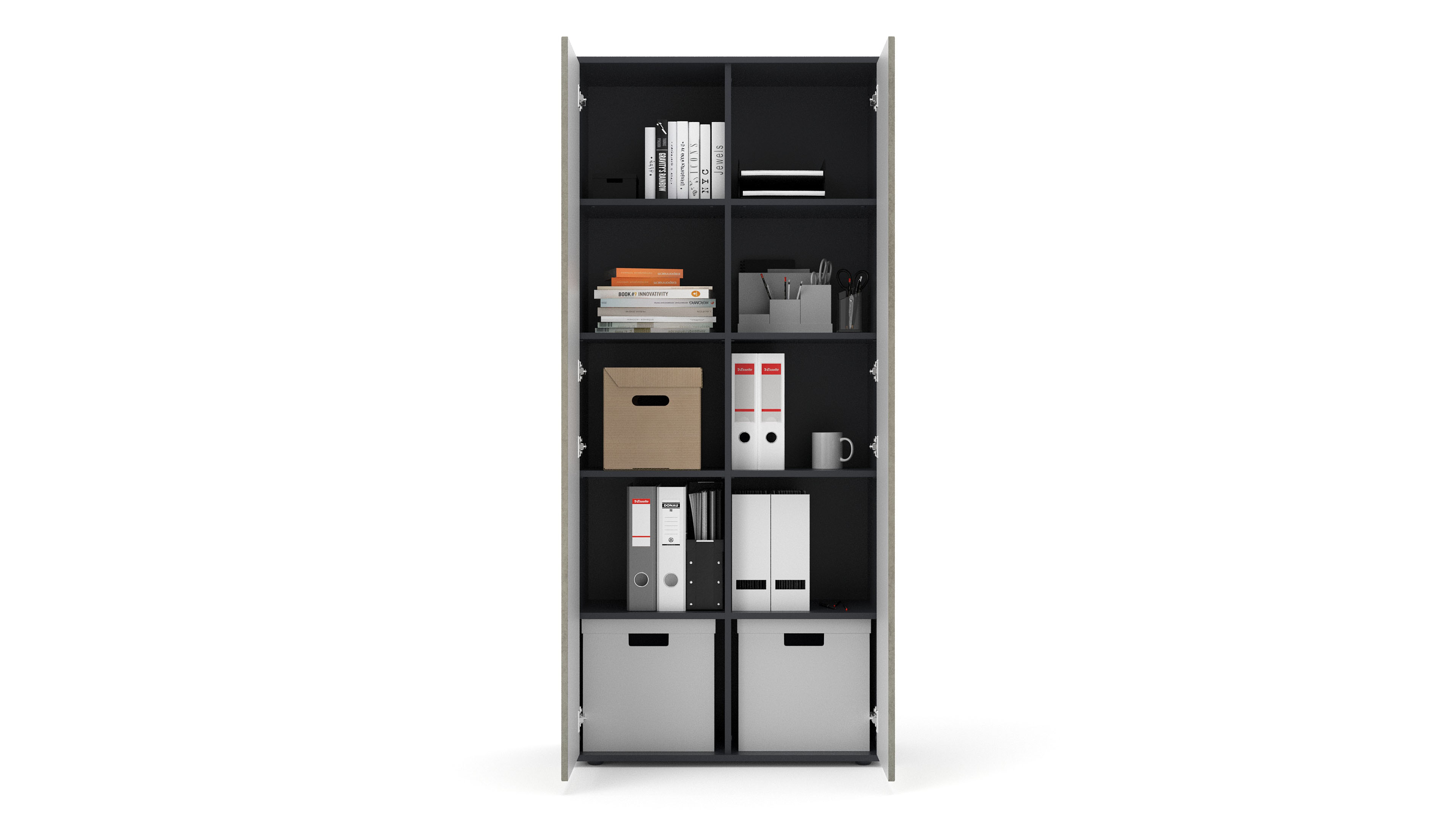 Büroschrank Amira T00, geschlossener Schrank mit 2 großen Türen, Anthrazit Korpus, Fronten in Beton Oxid, Push-to-Open, 180x80x40 cm, Aktenregal für Büro und Homeoffice