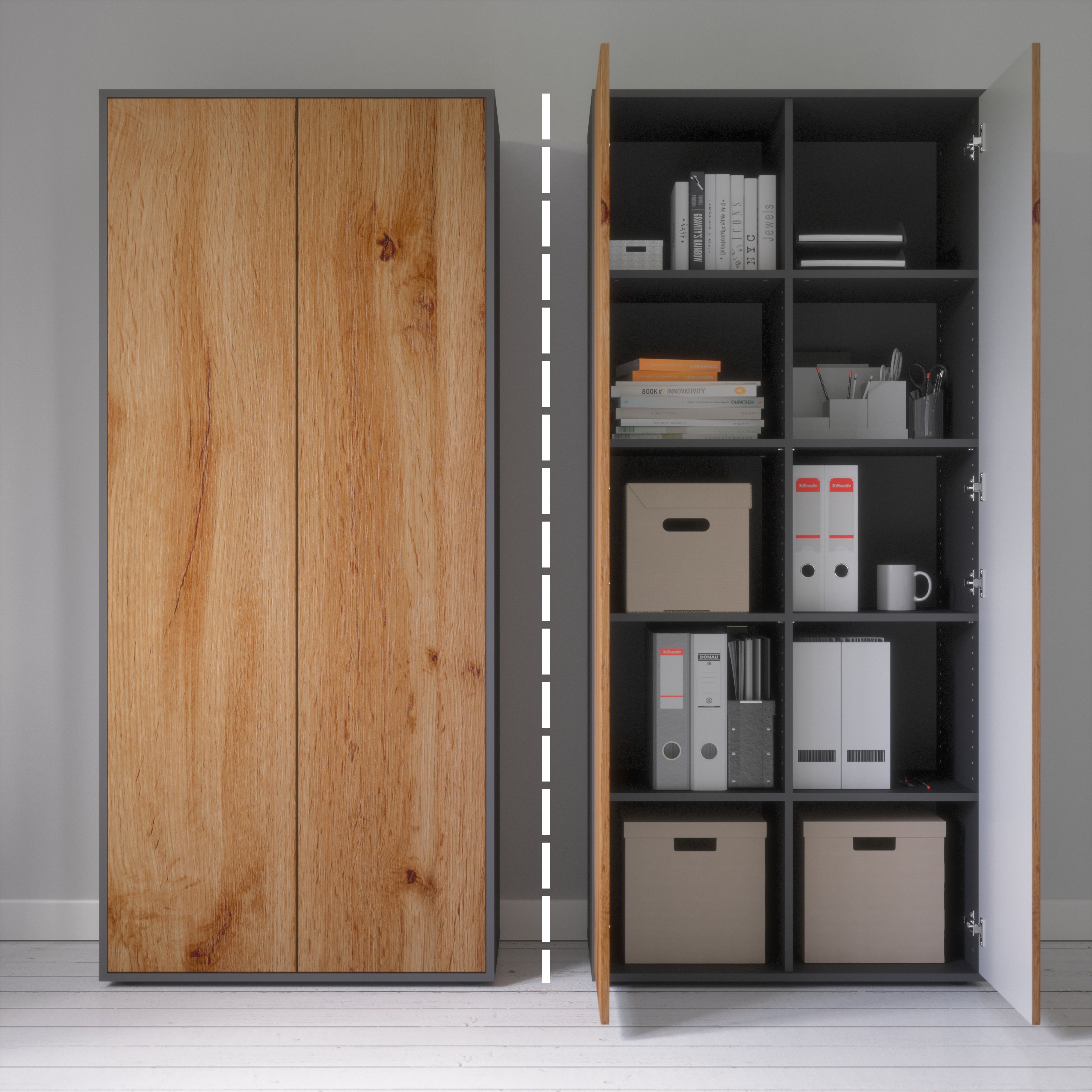 Büroschrank Amira T00, geschlossener Schrank mit 2 großen Türen, Anthrazit Korpus, Fronten in Eiche Wotan, Push-to-Open, 180x80x40 cm, Aktenregal für Büro und Homeoffice