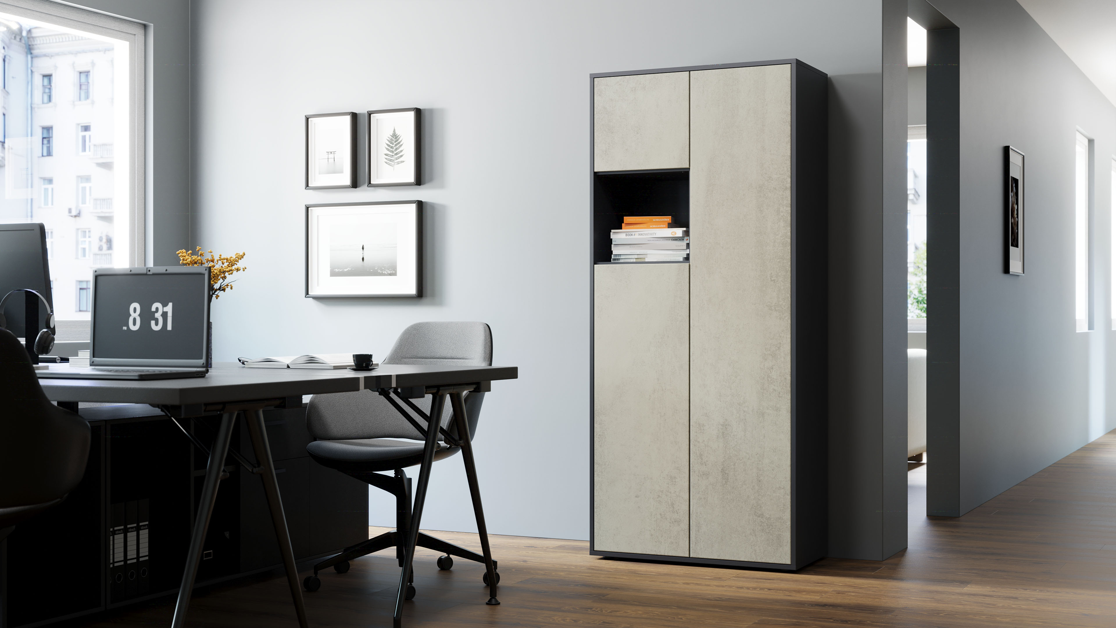 Büroschrank Amira T10, Schrank mit kleinem offenem Fach, Anthrazit , Push-to-Open, 180x80x40 cm, Büroschrank mit Ablage für Deko