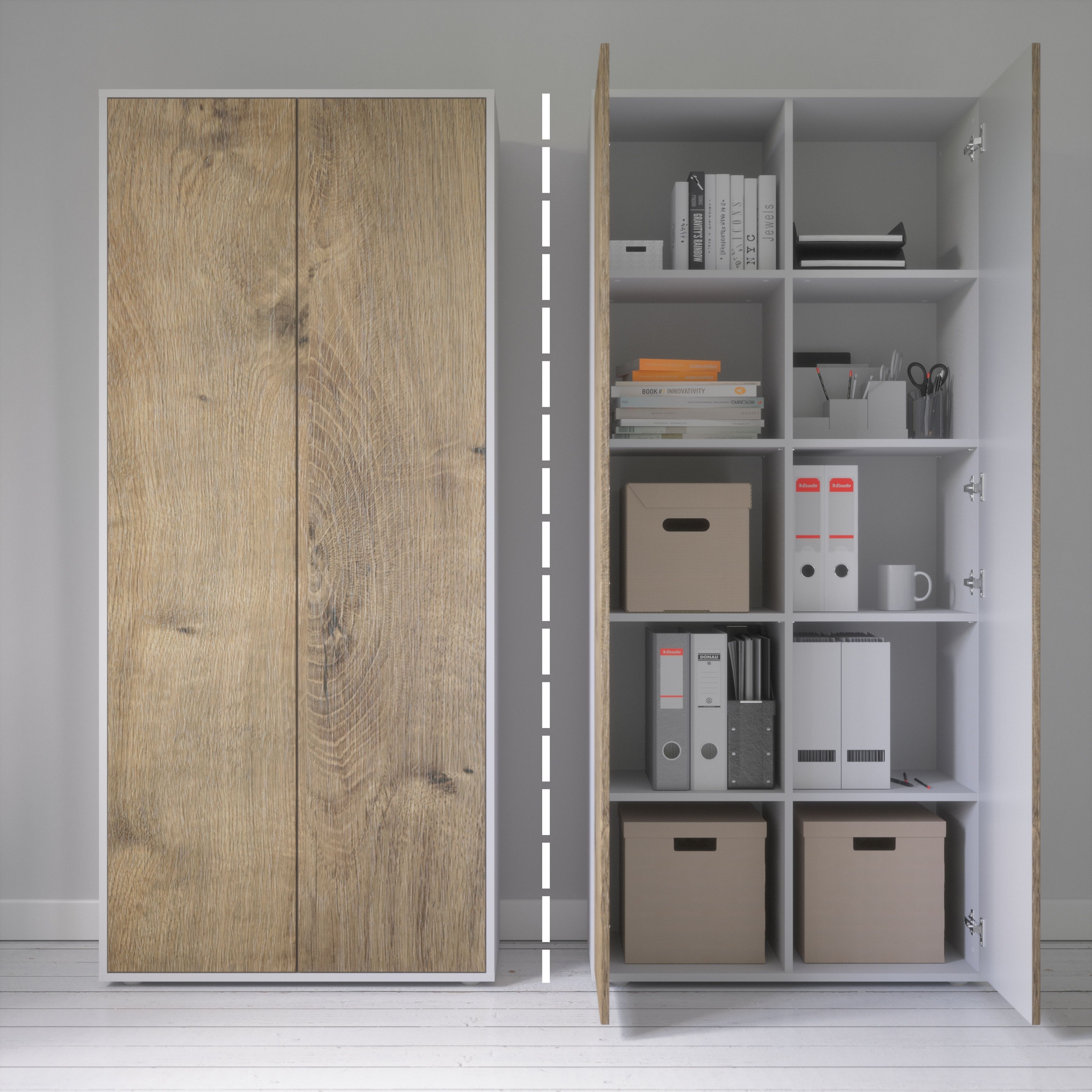 Büroschrank Amira T00 | Aktenschrank & Mehrzweckschrank in Weiß & Eiche Ribbeck | 180x80x40 cm | Push-to-Open für Büro