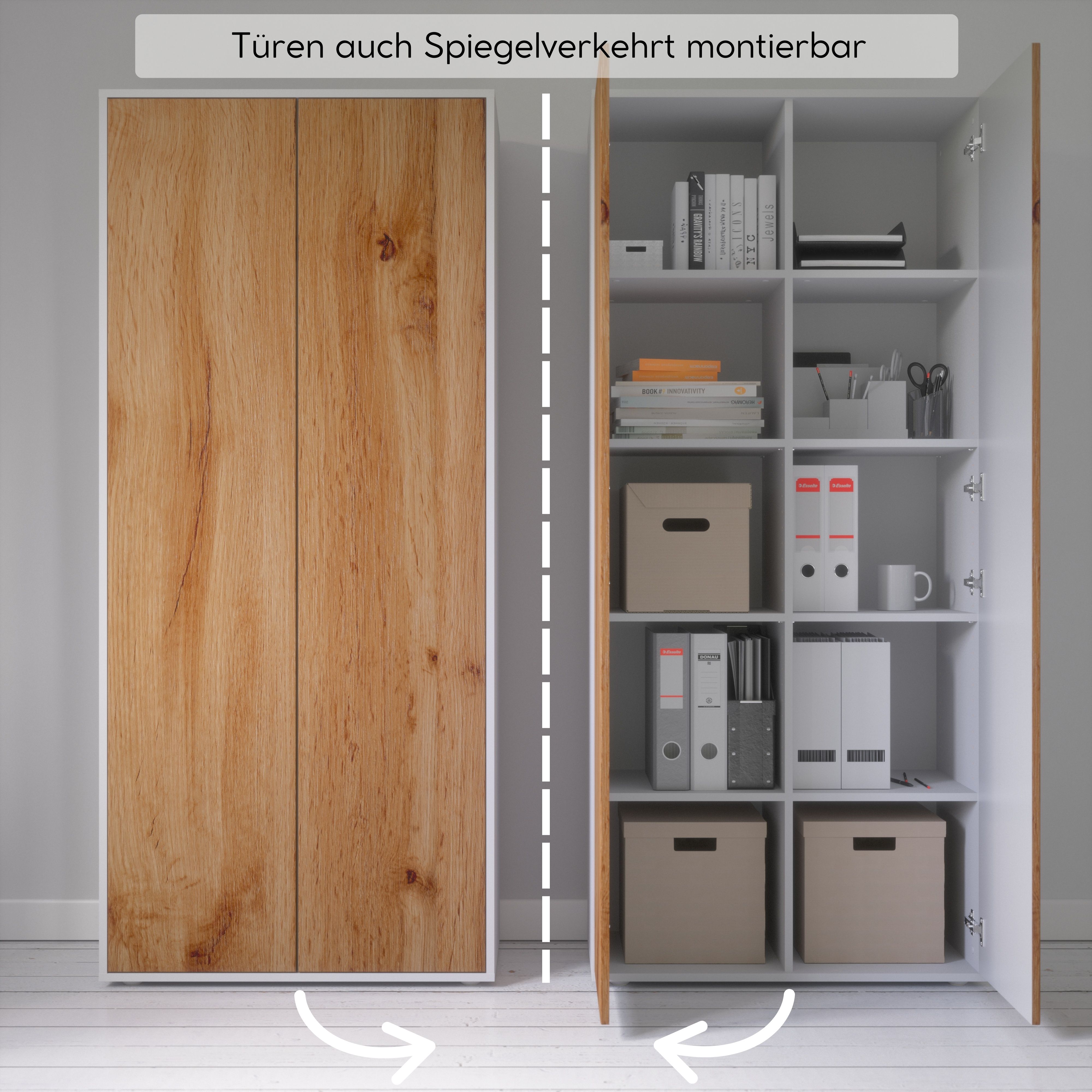 Büroschrank Amira T00 | Aktenschrank & Mehrzweckschrank in Weiß & Eiche Wotan | 180x80x40 cm | Push-to-Open für Büro